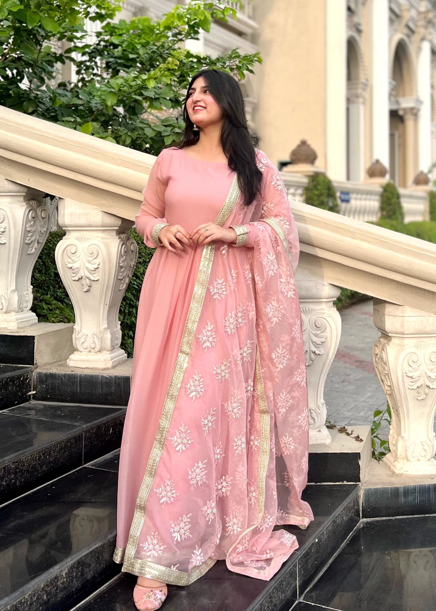 bemberg crinkle chiffon Anarkali in Pastel pink