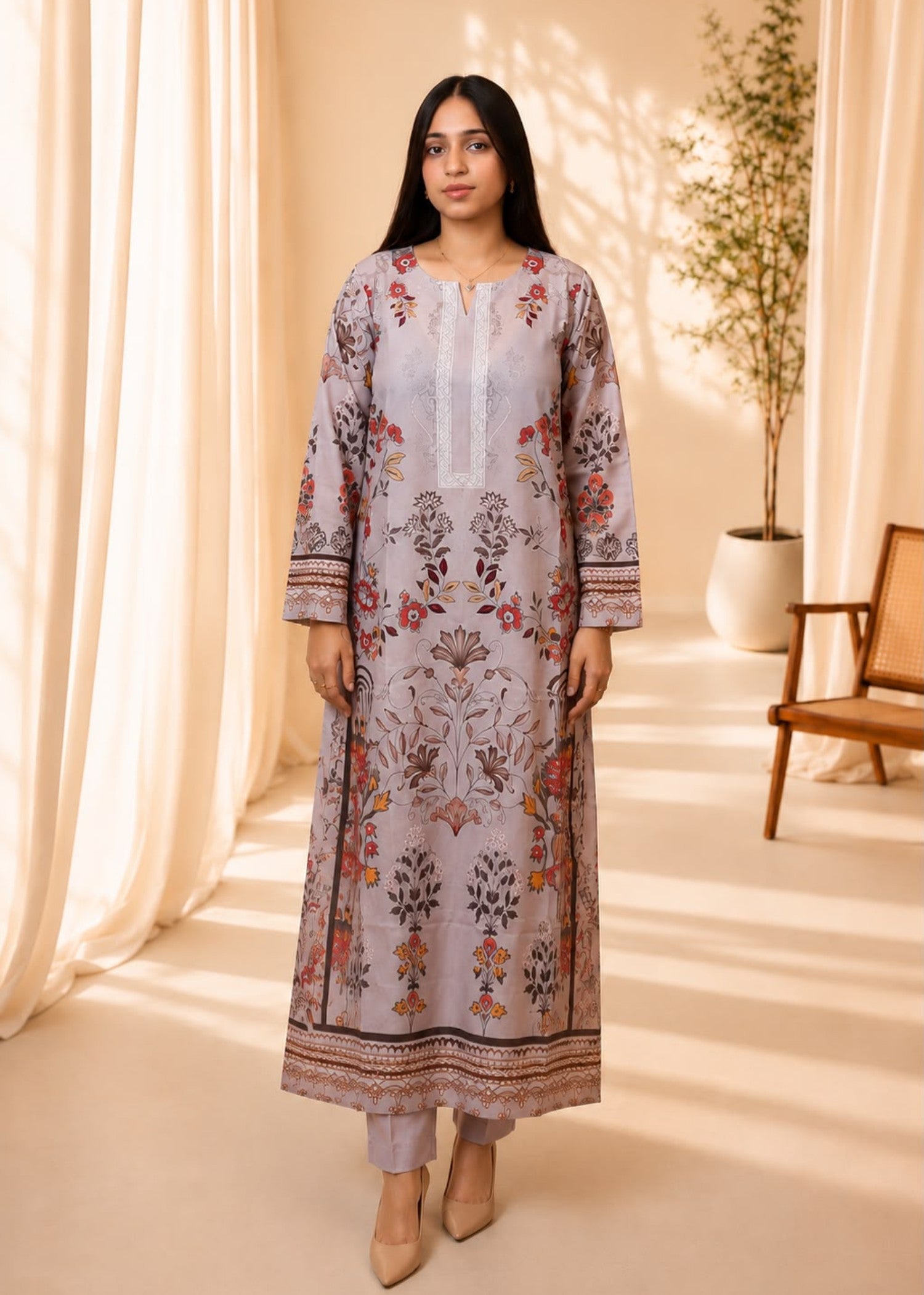 poly lawn Kurta Set in Tan brown