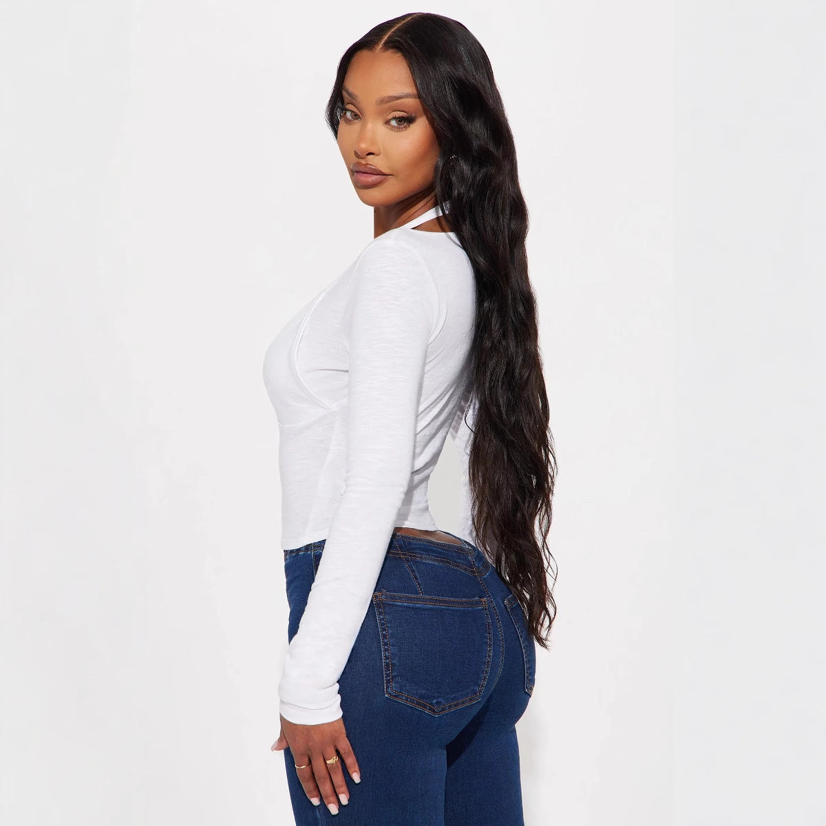 Women's Off-the-shoulder V-neck Fake Two-piece Top Slim Fit