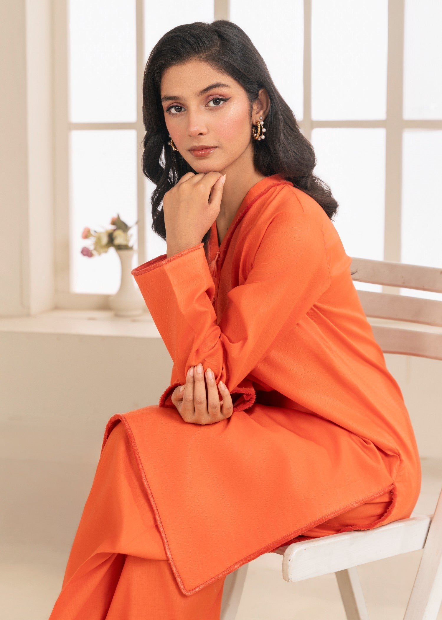 poly lawn Kurta Set in Sunset orange