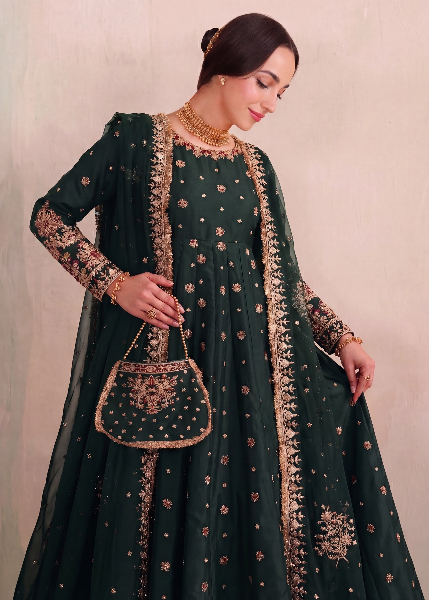 silk Pishwas in Dark green