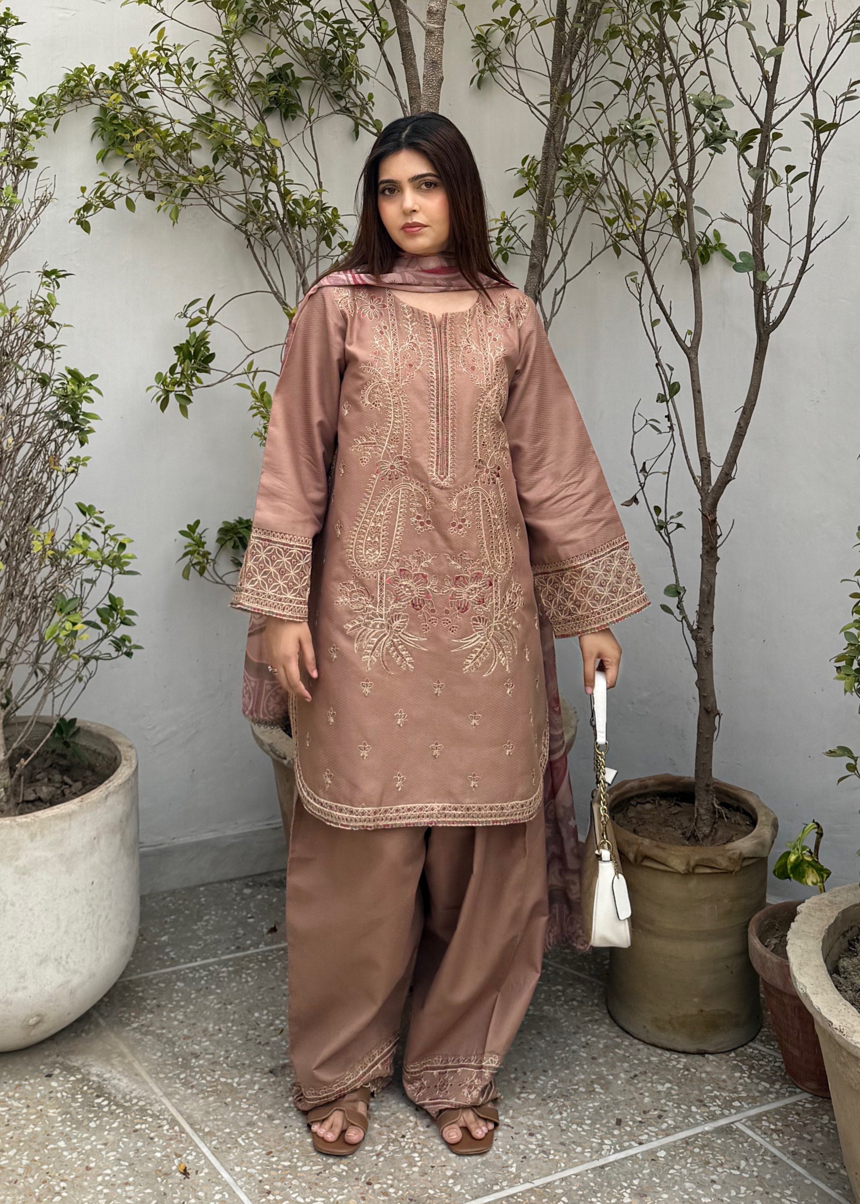 dobby Kurta Set in Camel brown