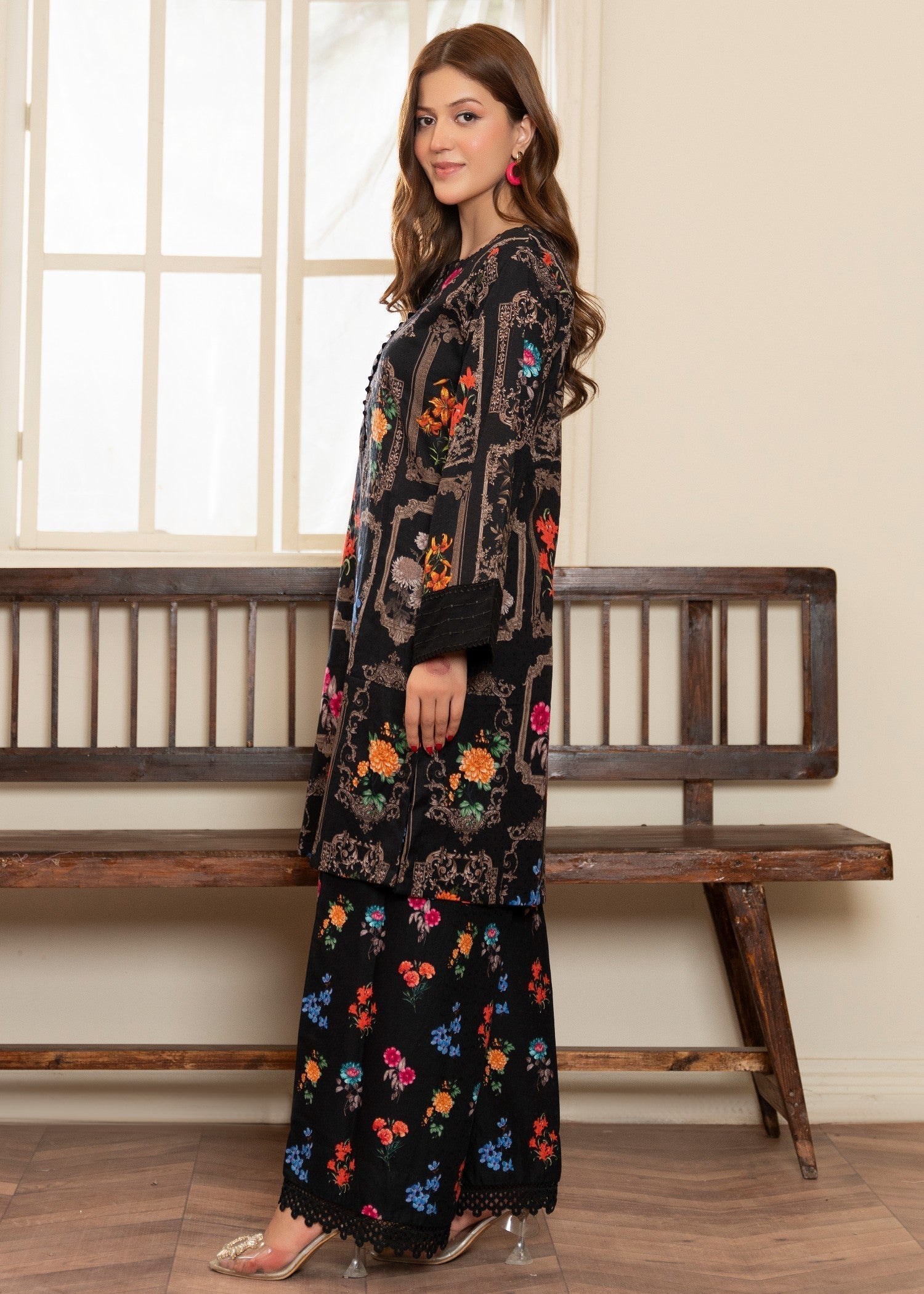 textured lawn Kurta Set in Black