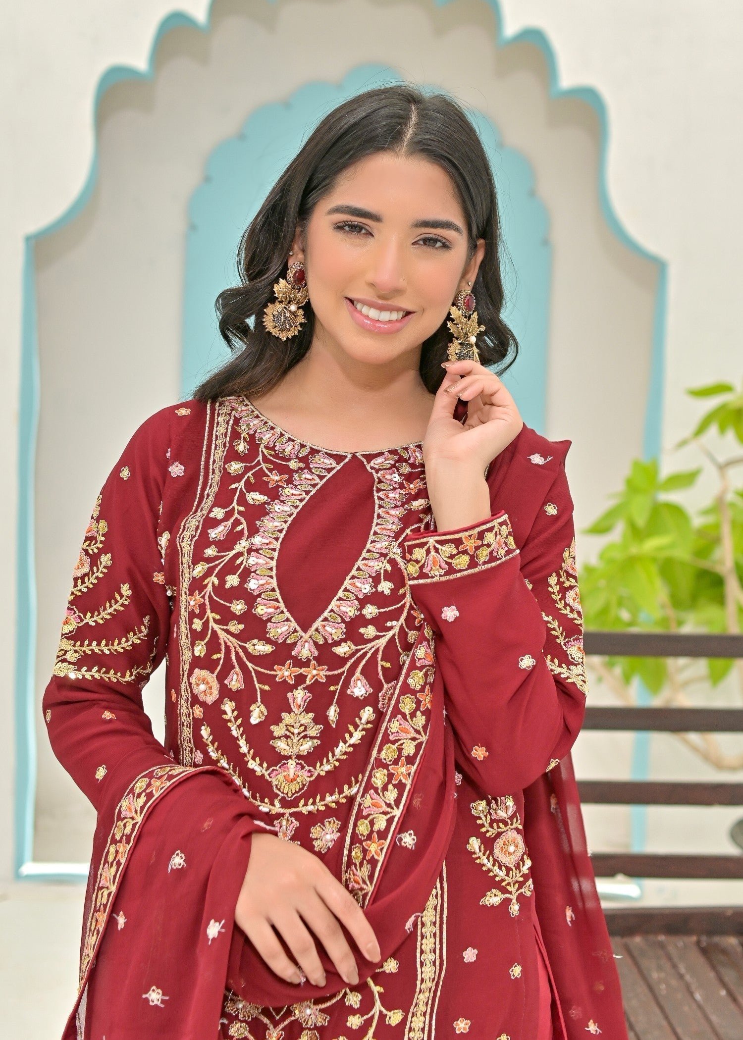 crinkle chiffon Kurta Set in Maroon