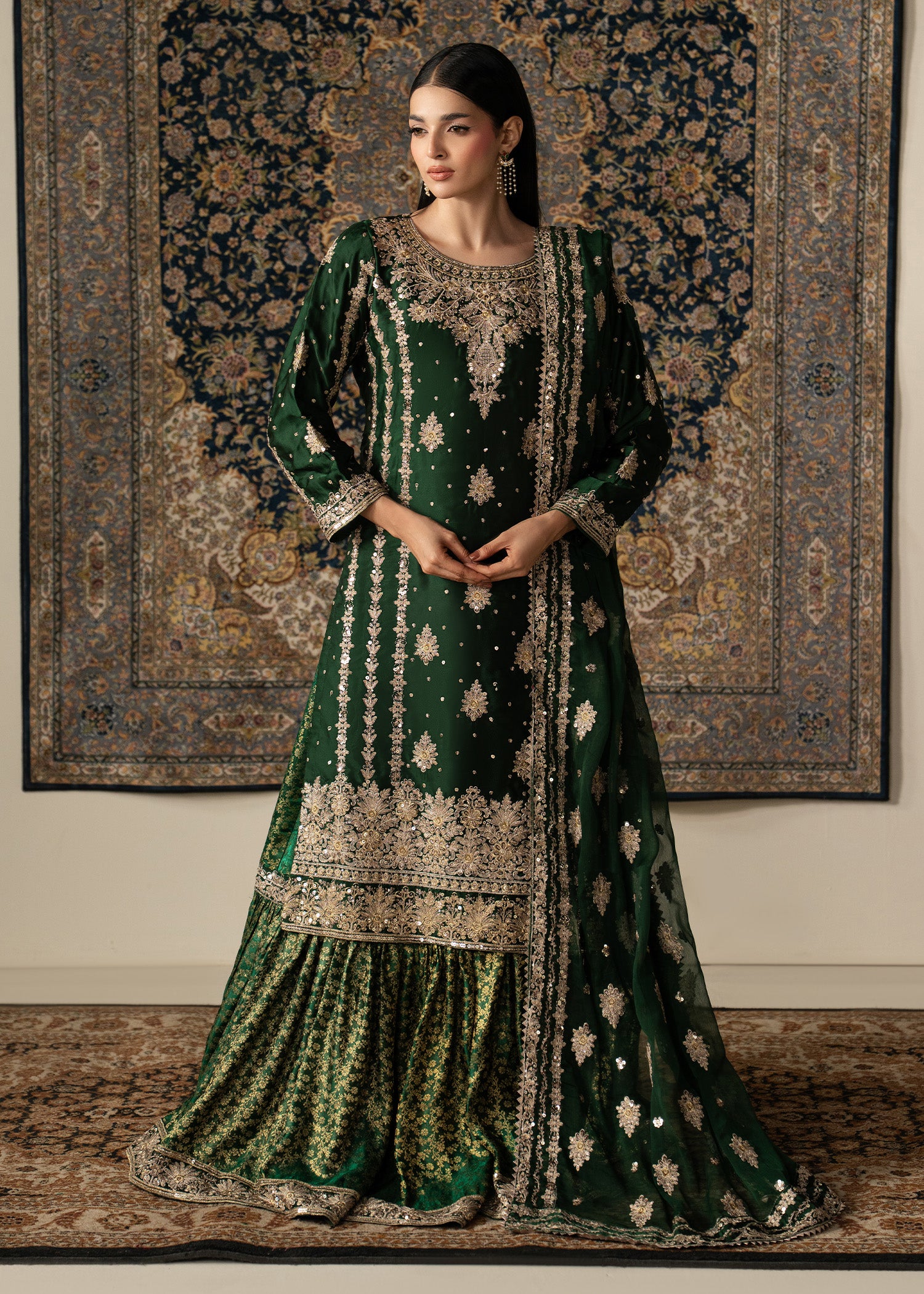 chiffon Gharara in Dark green