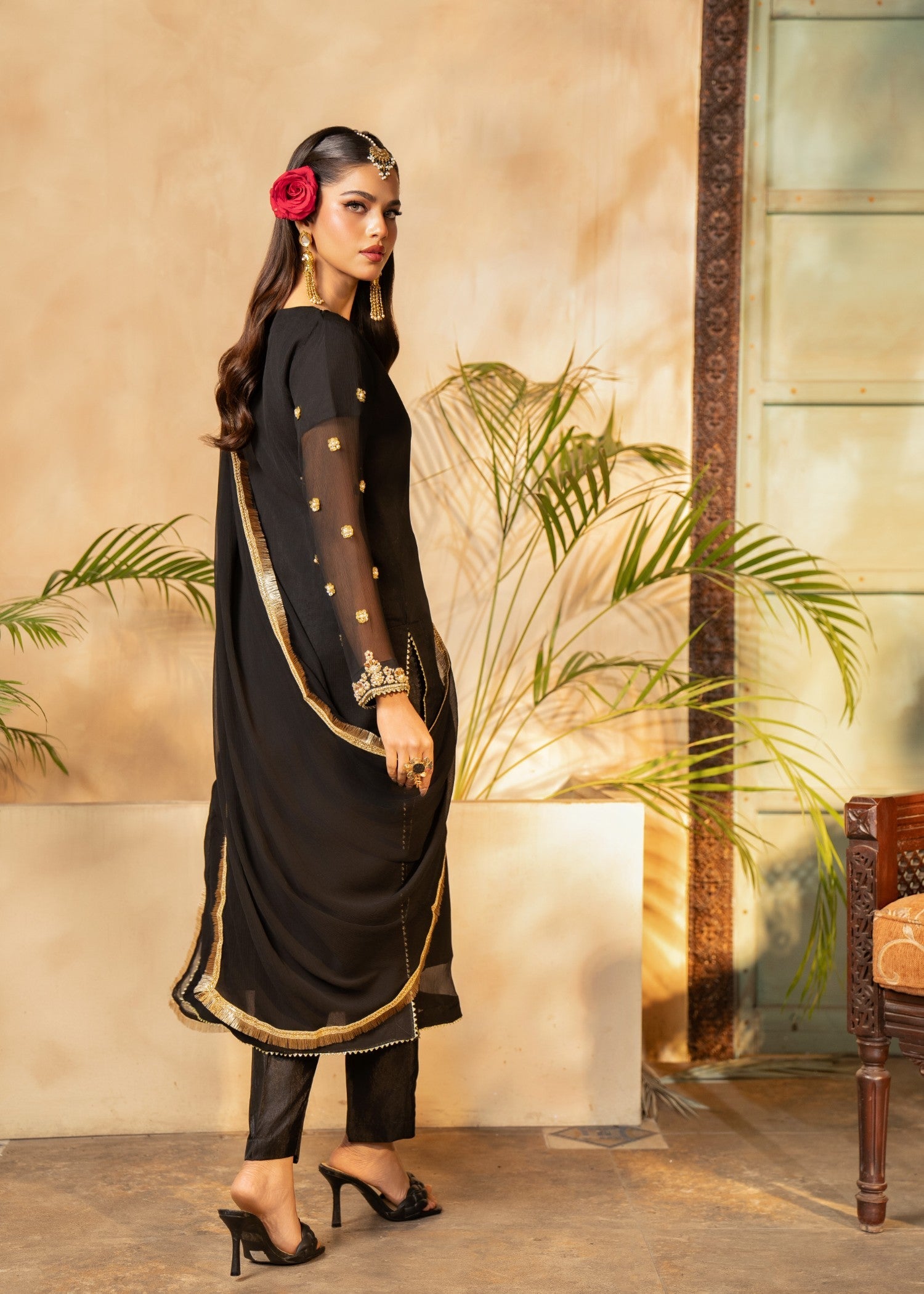 chiffon Kurta Set in Black