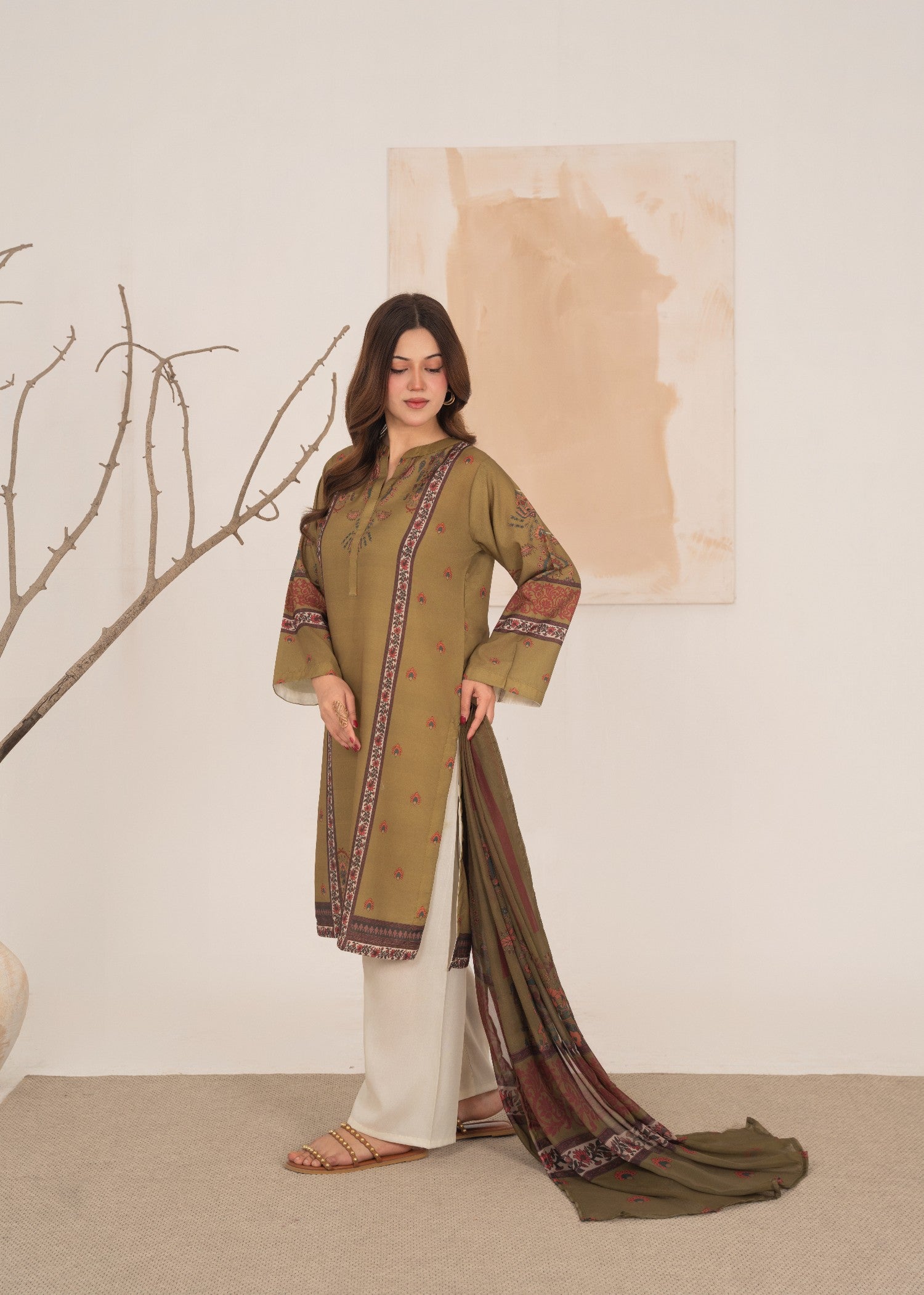 poly lawn Kurta Set in Olive green