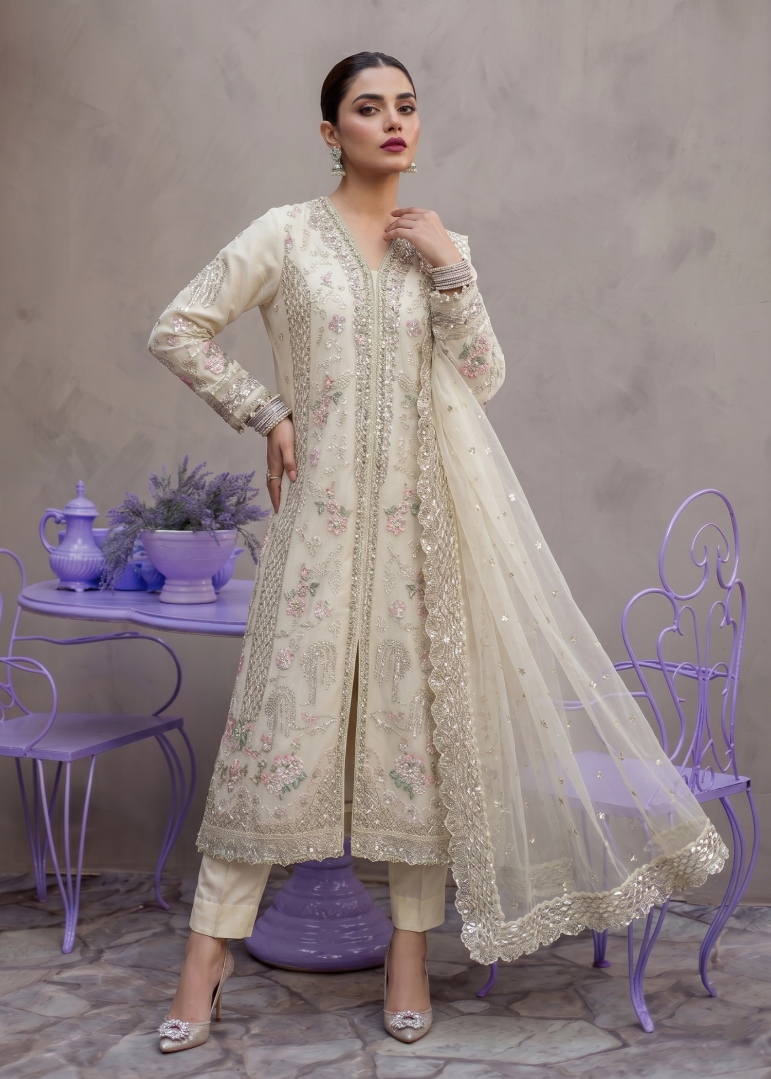 organza Kurta Set in Off-white
