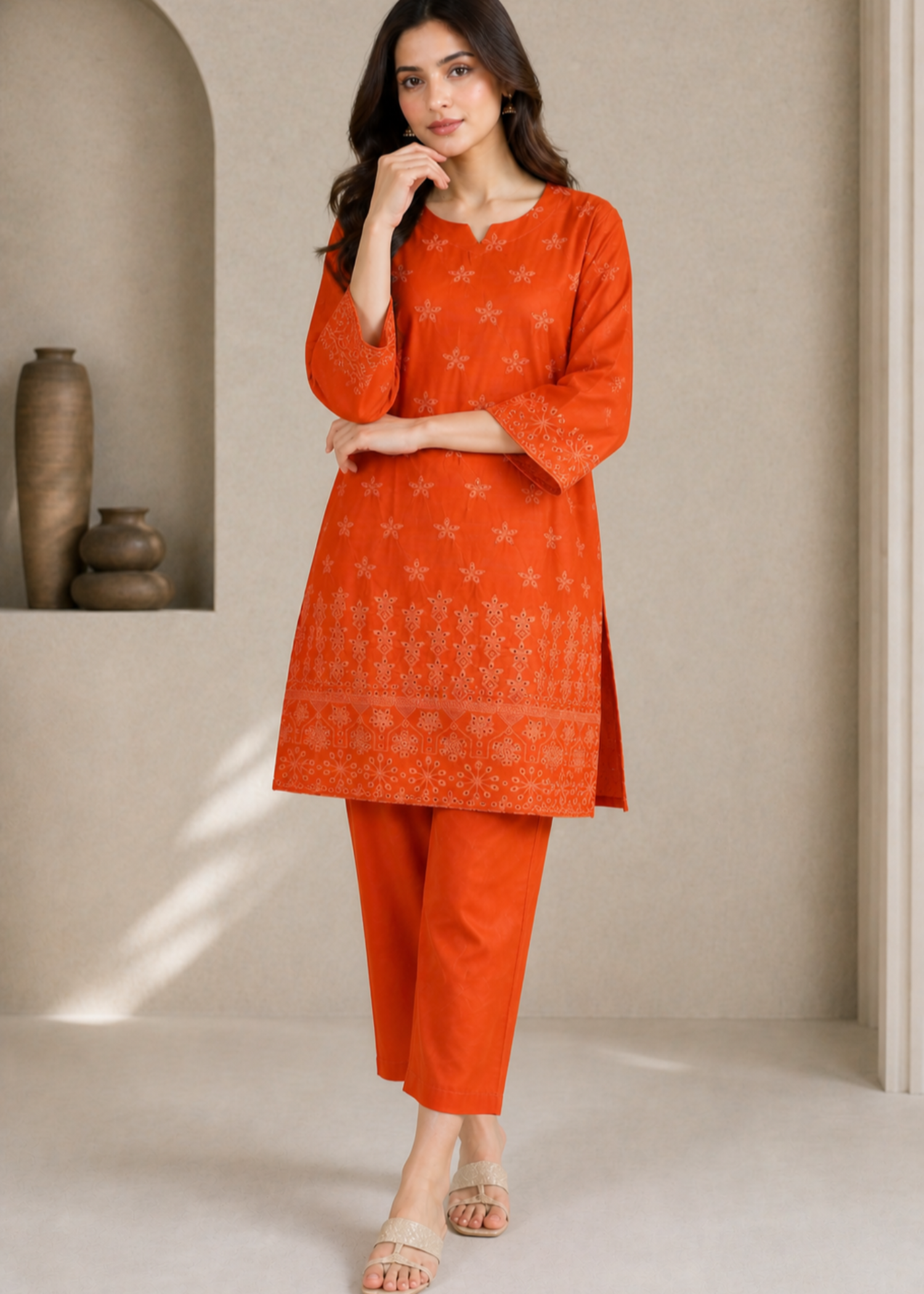 chikankari cotton Kurta Set in Orange