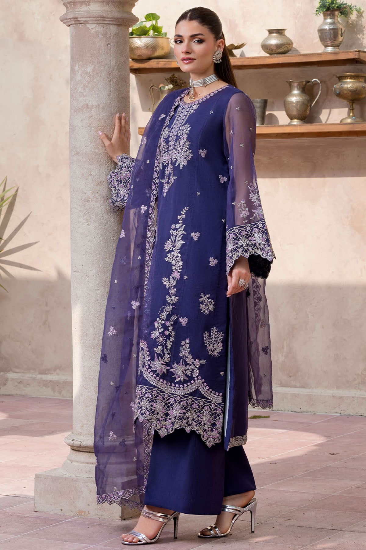 organza Kurta Set in Dark blue