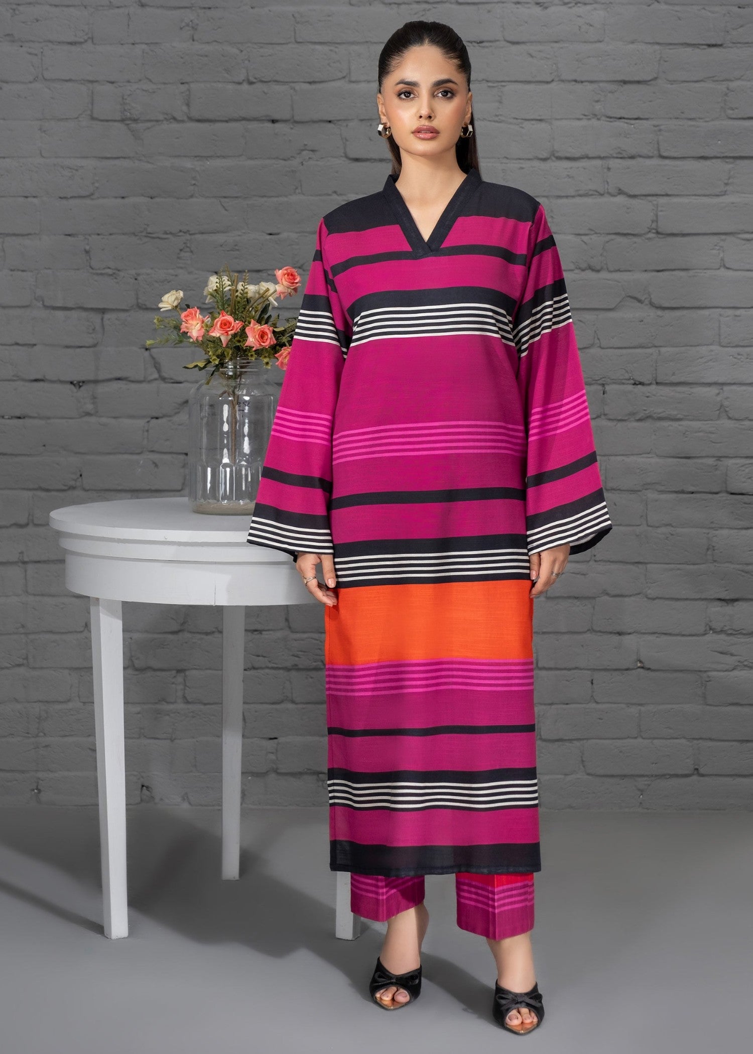 poly lawn Kurta Set in Raspberry pink