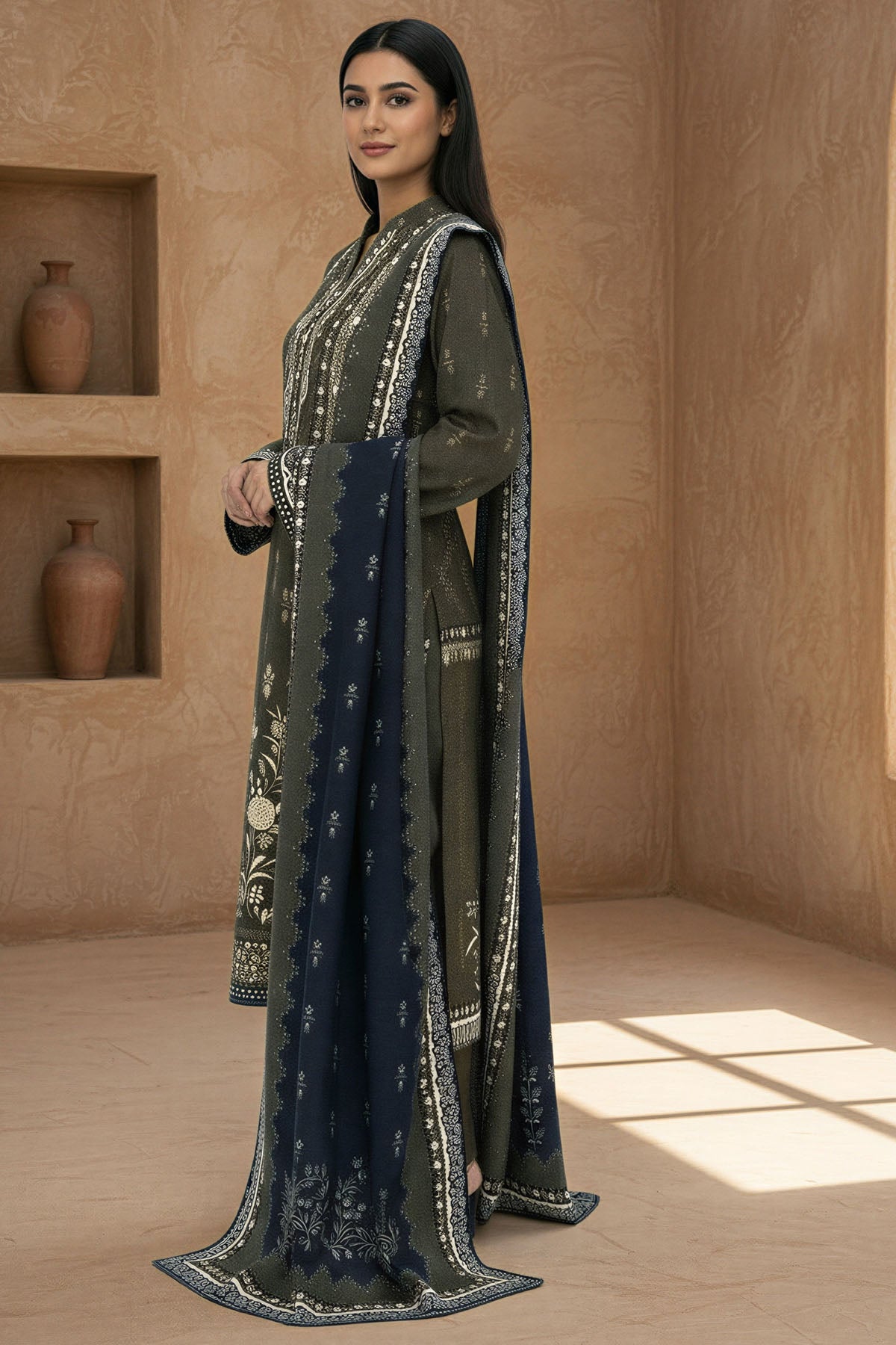 twill khaddar Kurta Set in Olive green