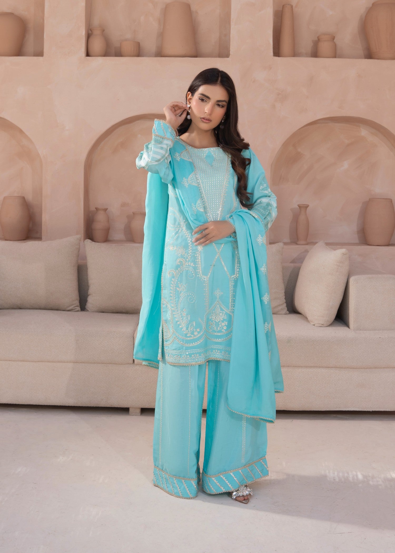 silk grip Kurta Set in Sky