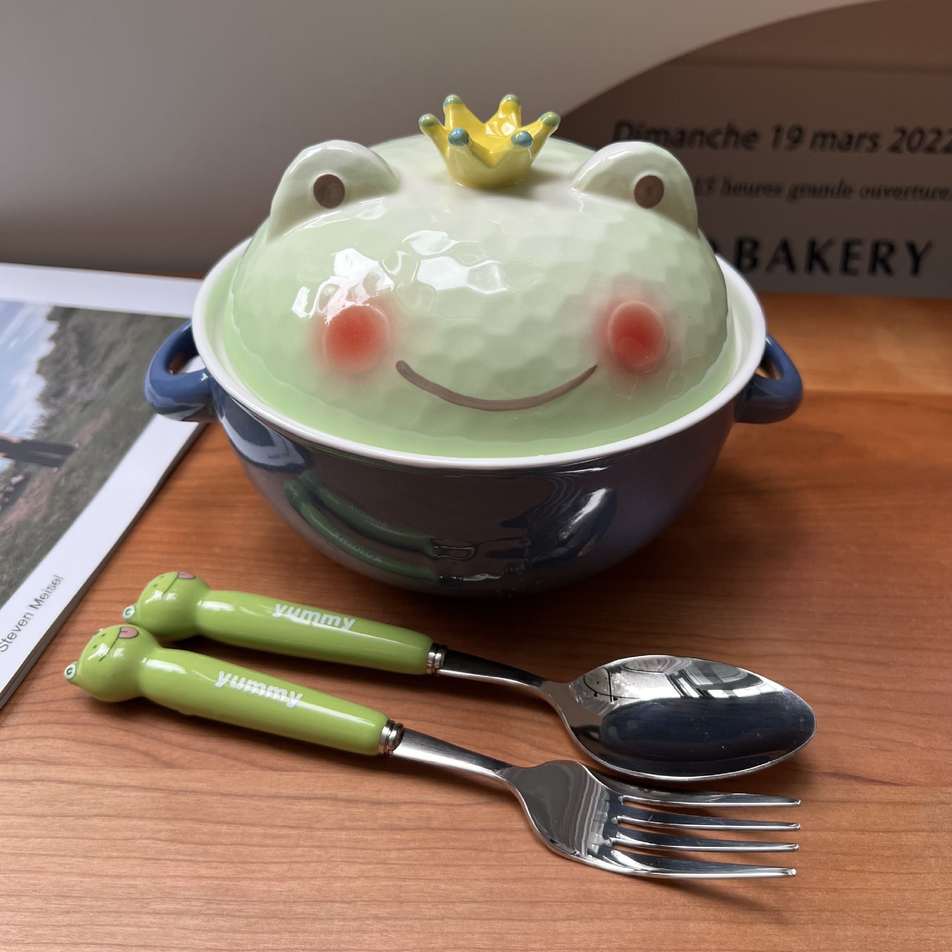 Ceramic Instant Noodle Cute Double-ear With Lid Cartoon Frog Soup Bowl