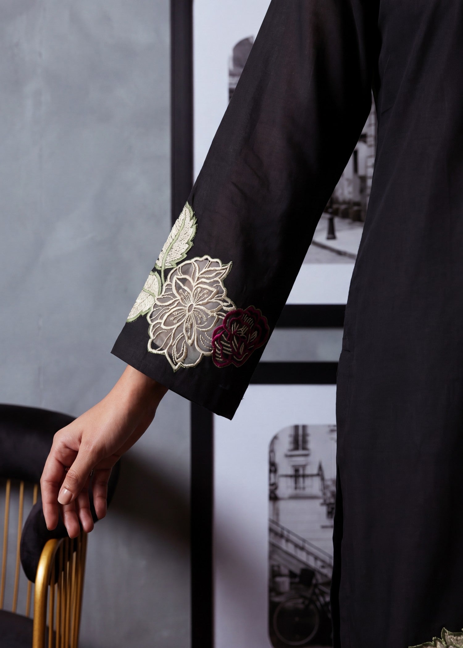textured lawn Kurta Set in Black