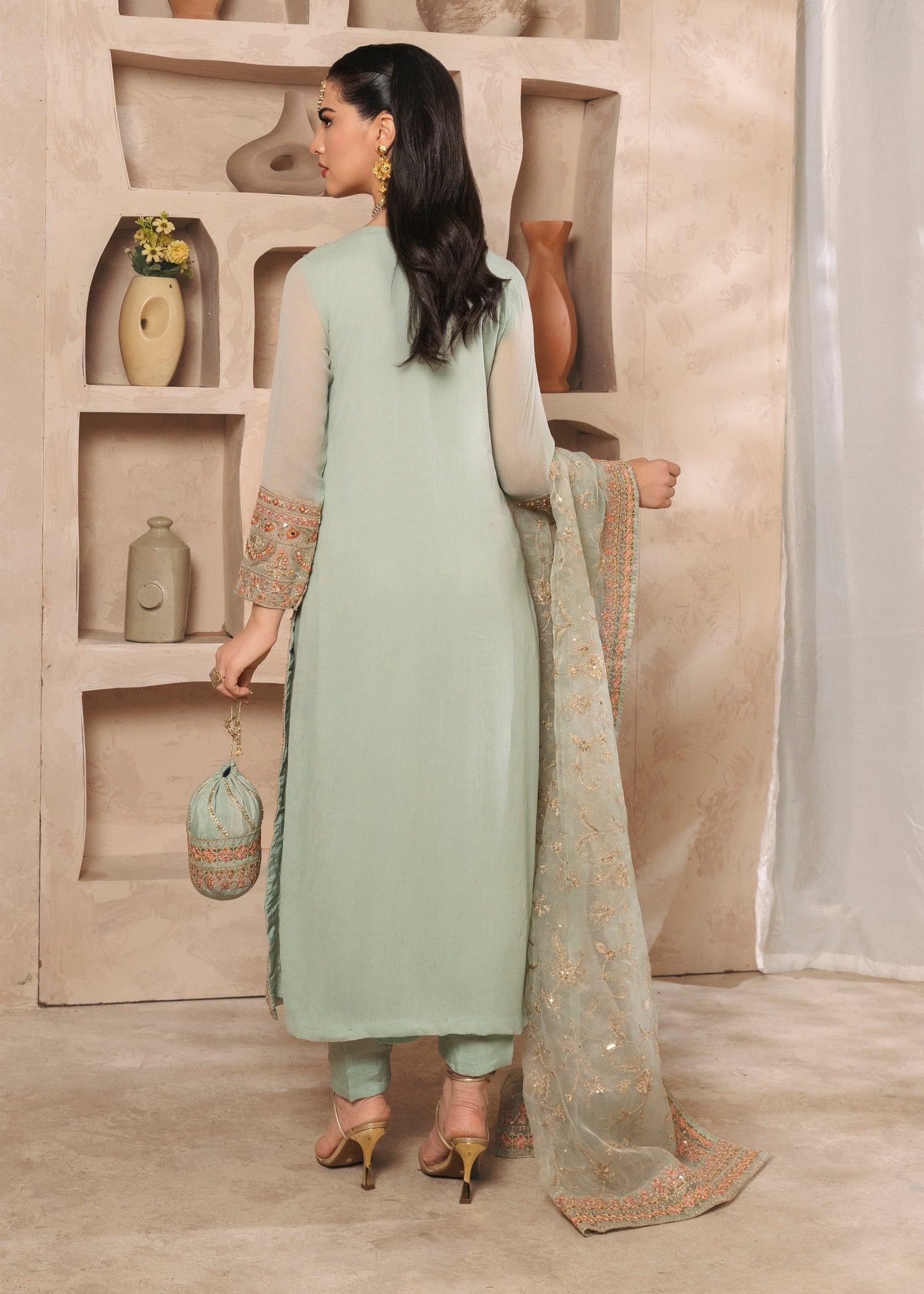 chiffon Kurta Set in Pastel green