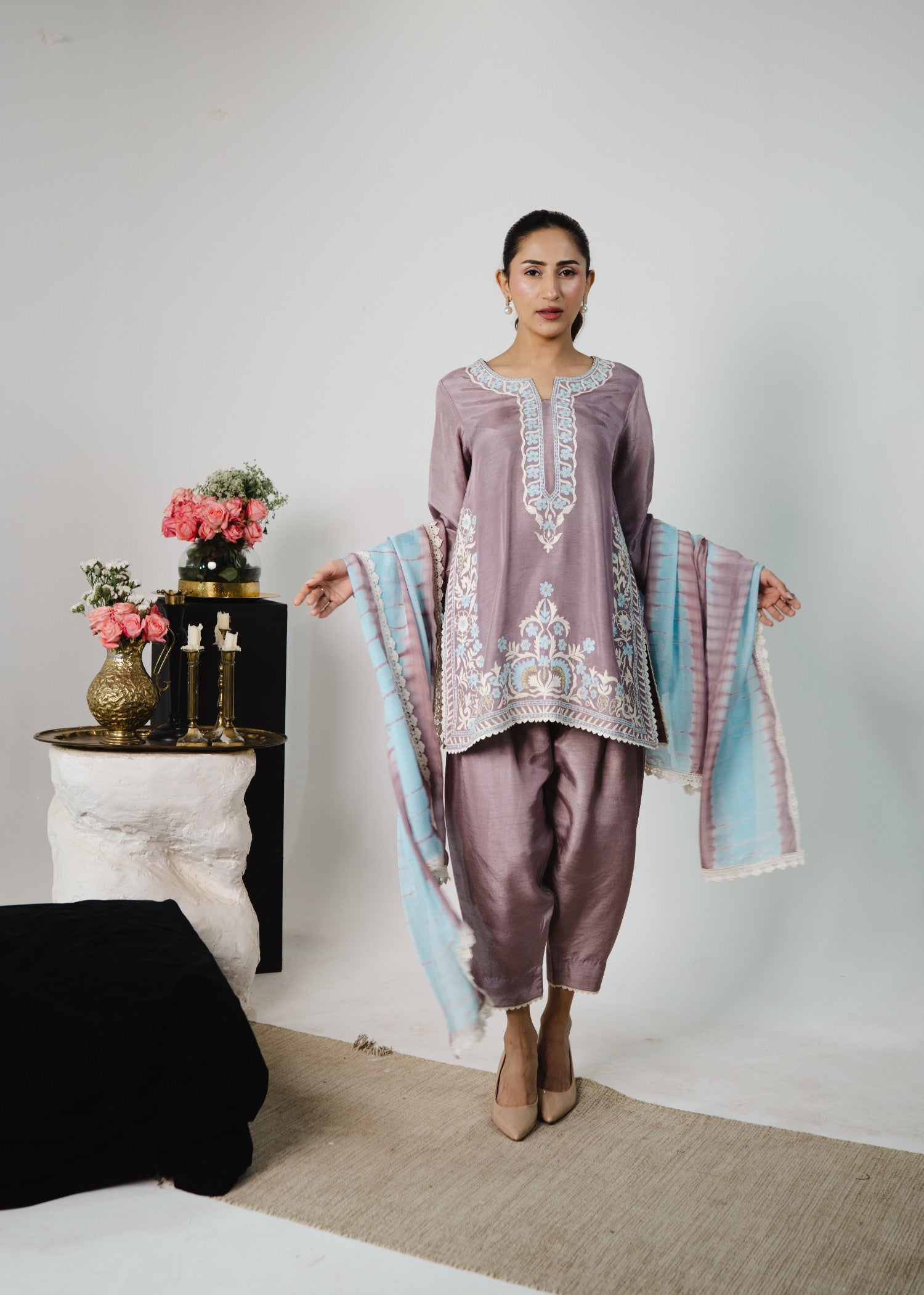 korean raw silk Kurta Set in Mauve pink
