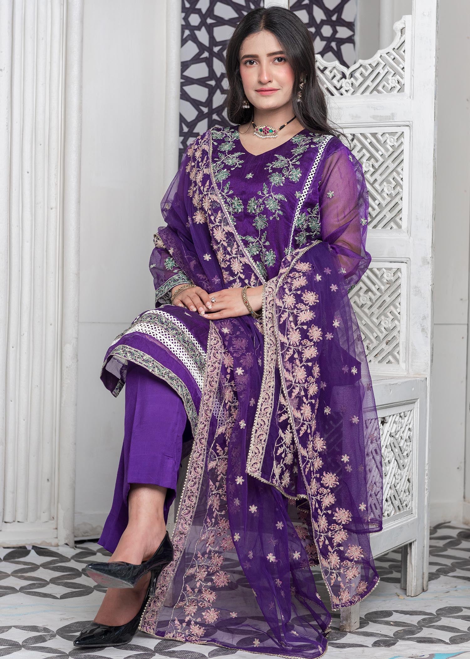 khaddi net shabnam zari Kurta Set in Purple