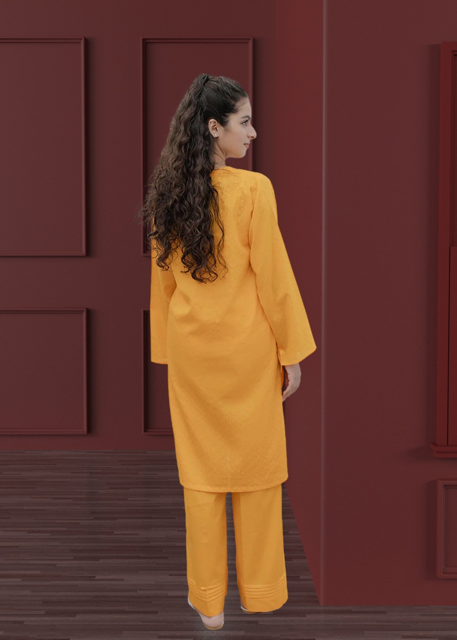 self jacquard Kurta Set in Mustard