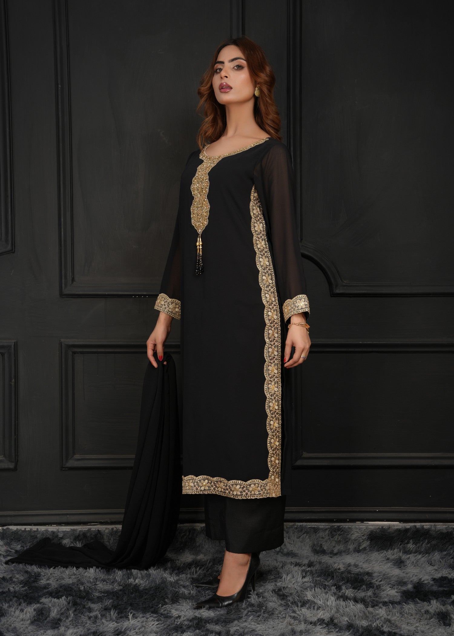 georgette chiffon Kurta Set in Black, gold