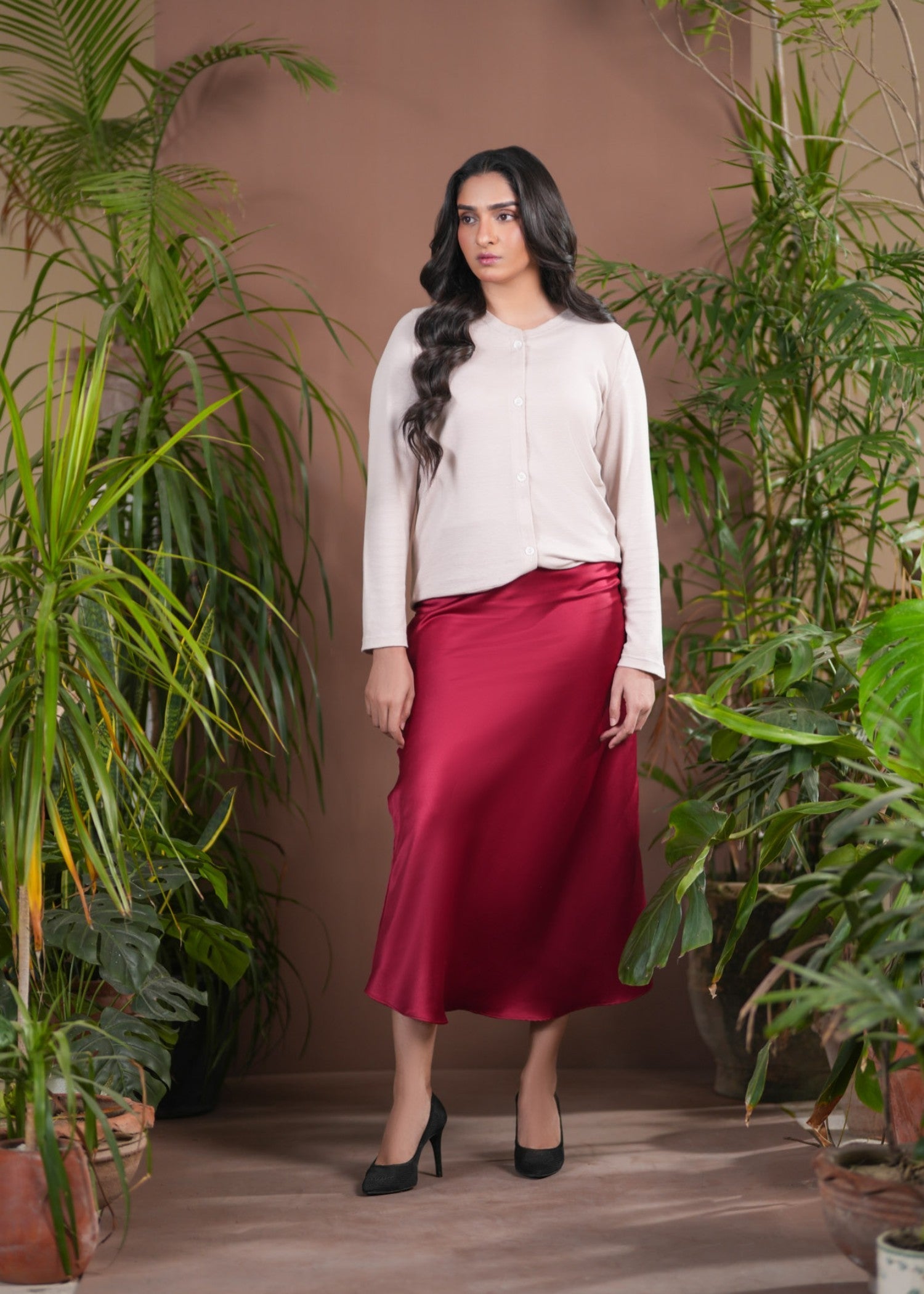 satin silk Skirt in Maroon