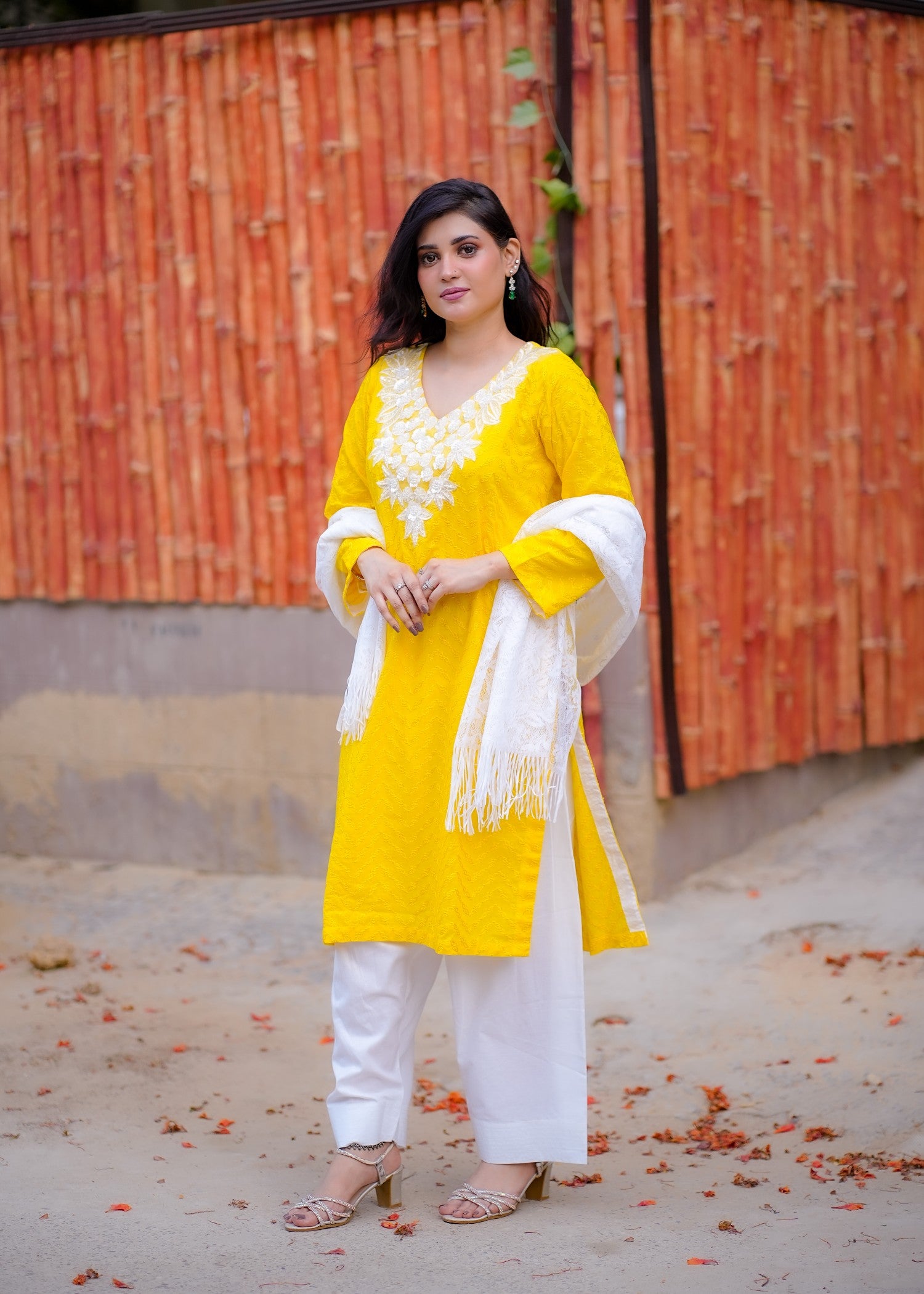 chikankari cotton Kurta Set in Lemon
