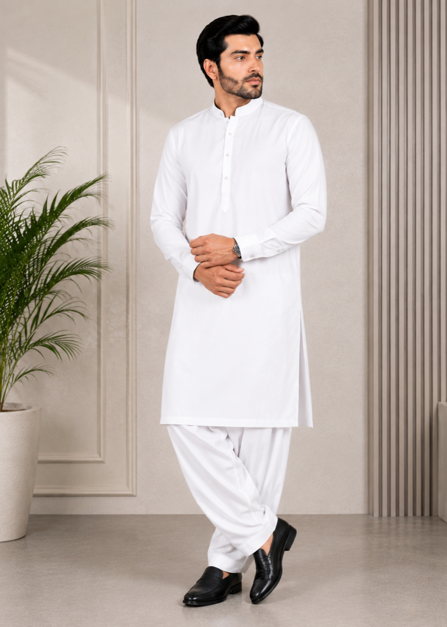cotton Shalwar Kameez in White by Hassan Jee Men