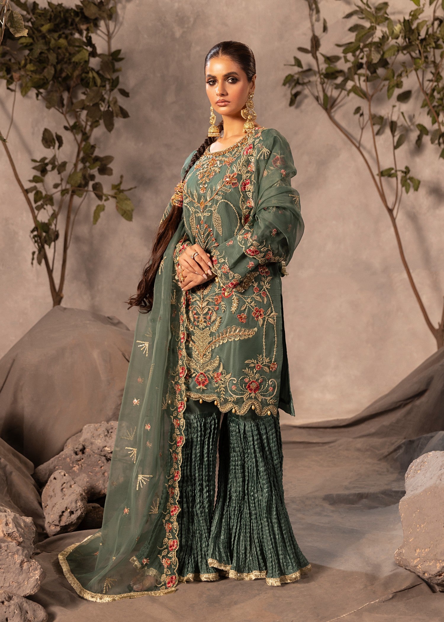 organza Gharara in Green