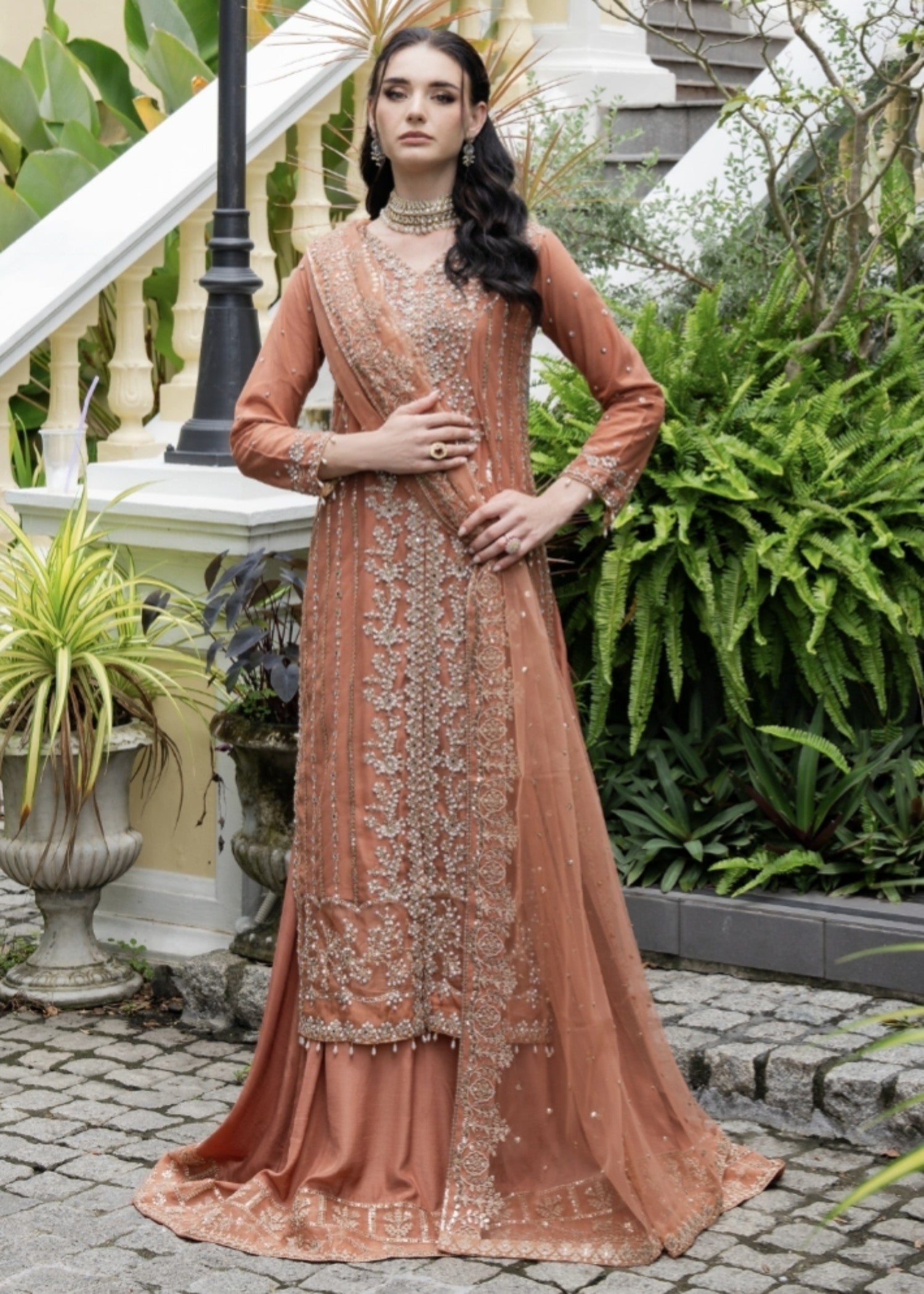 net Lehenga in Coral orange