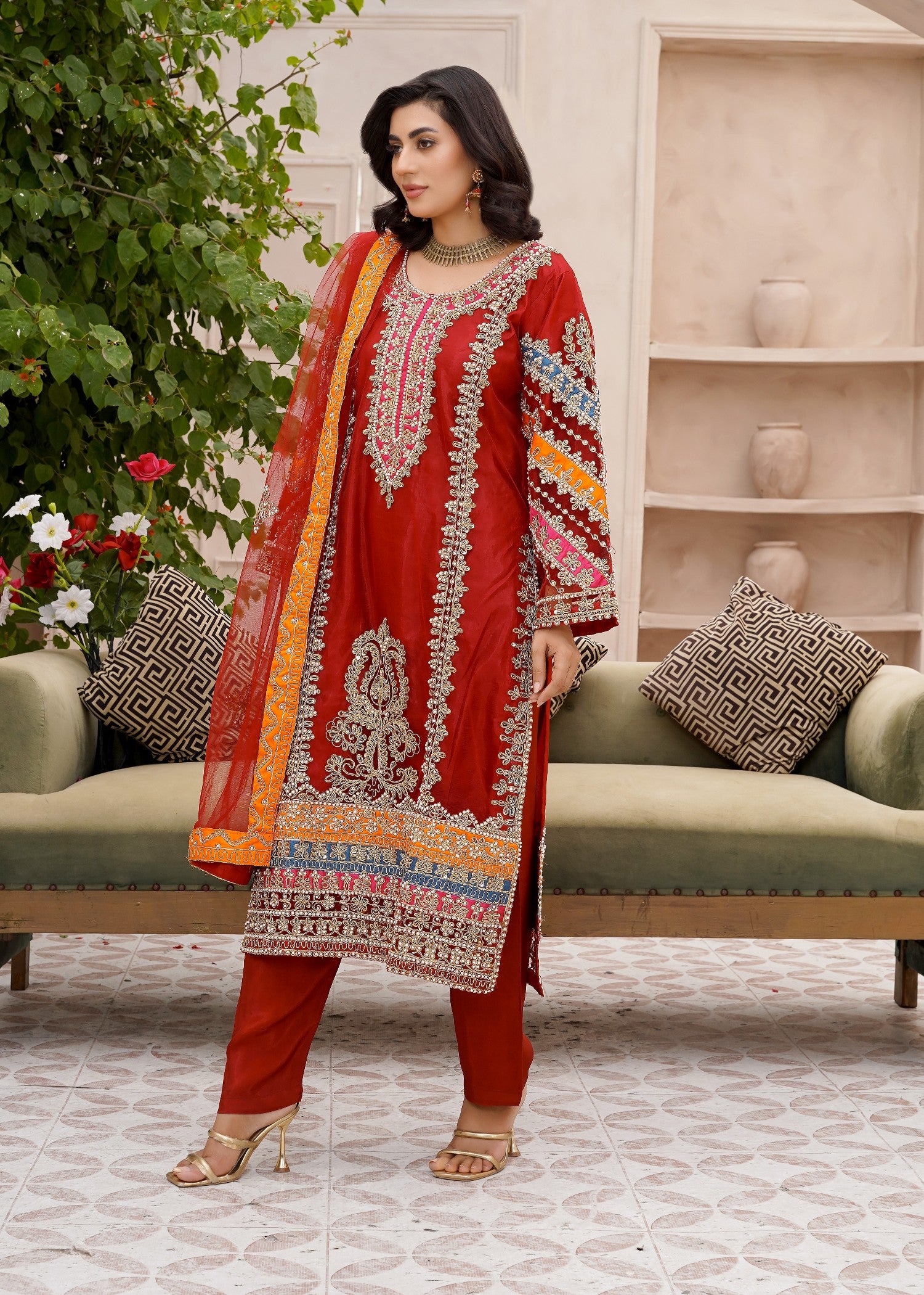 net Kurta Set in Ruby red