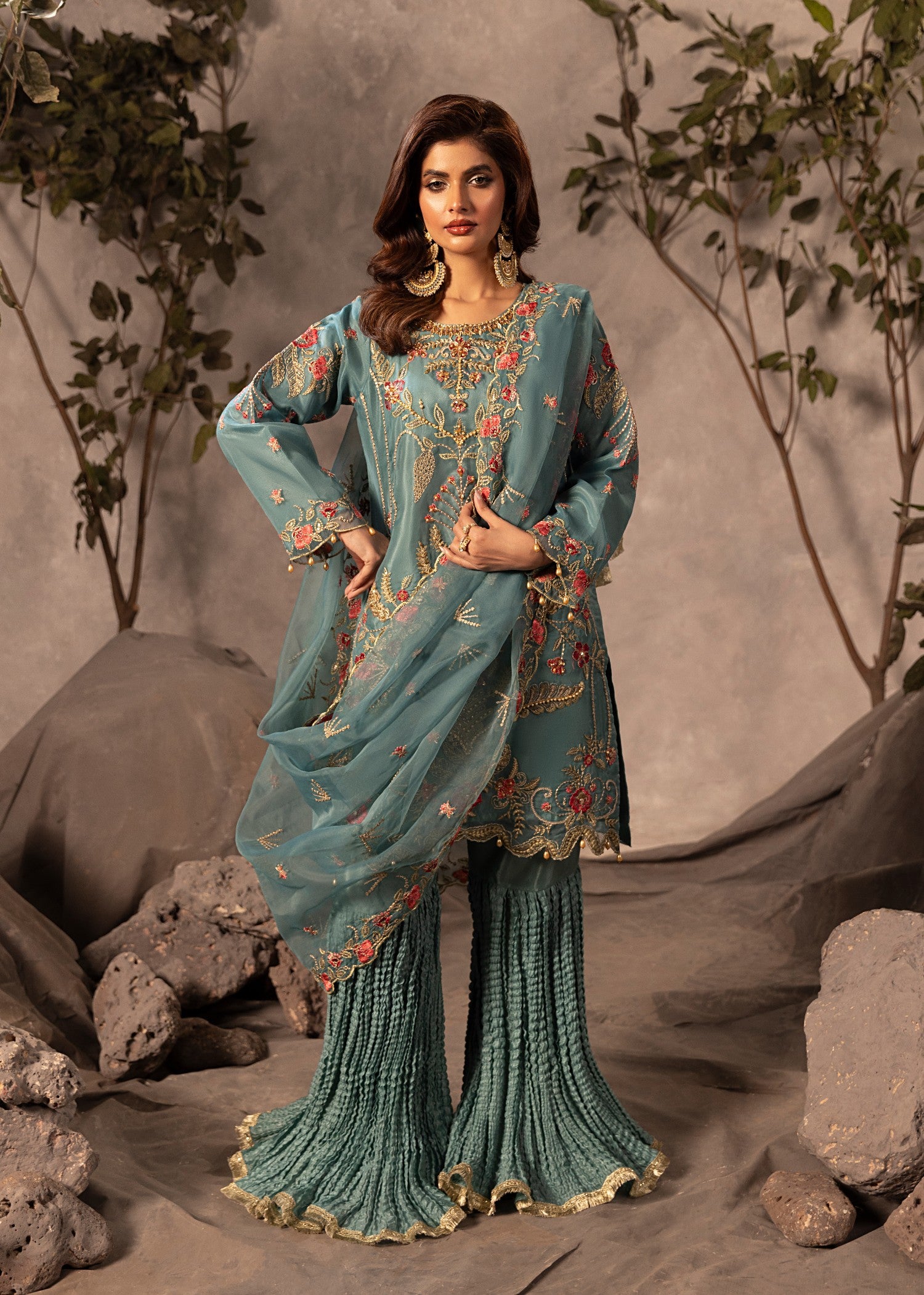 organza Gharara in Aquamarine