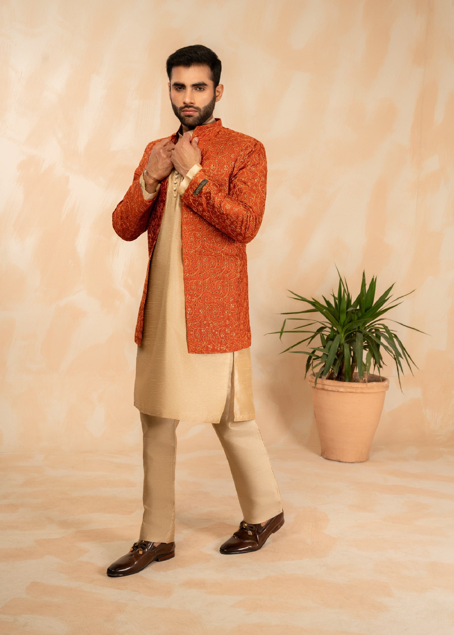 textured wash & wear Prince Coat in Rust orange