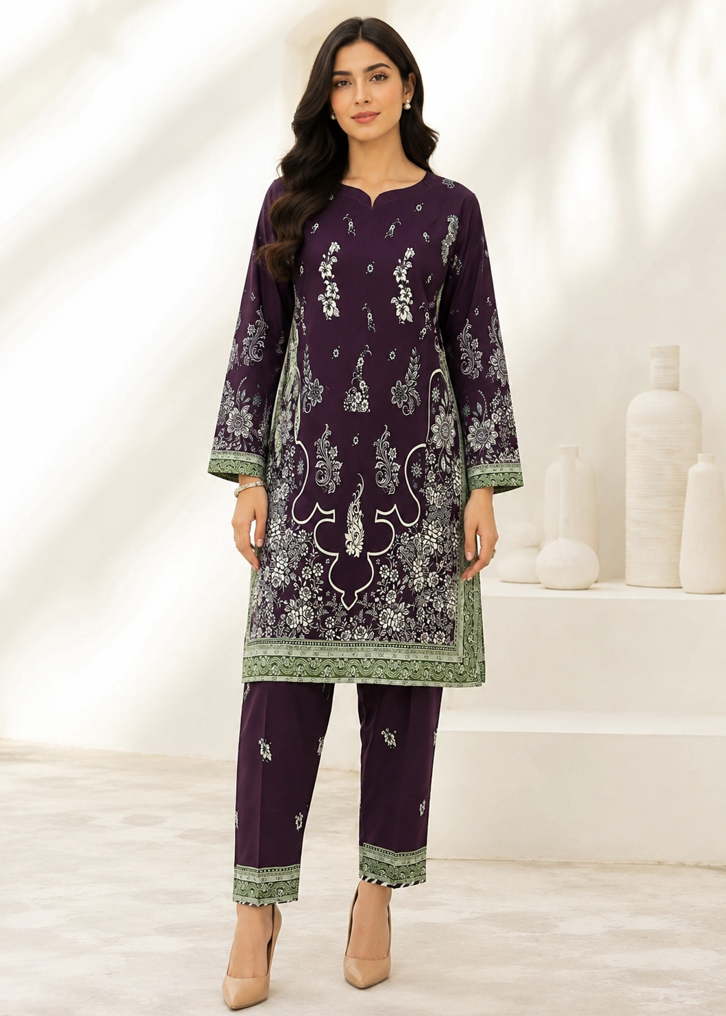 herringbone Kurta Set in Plum