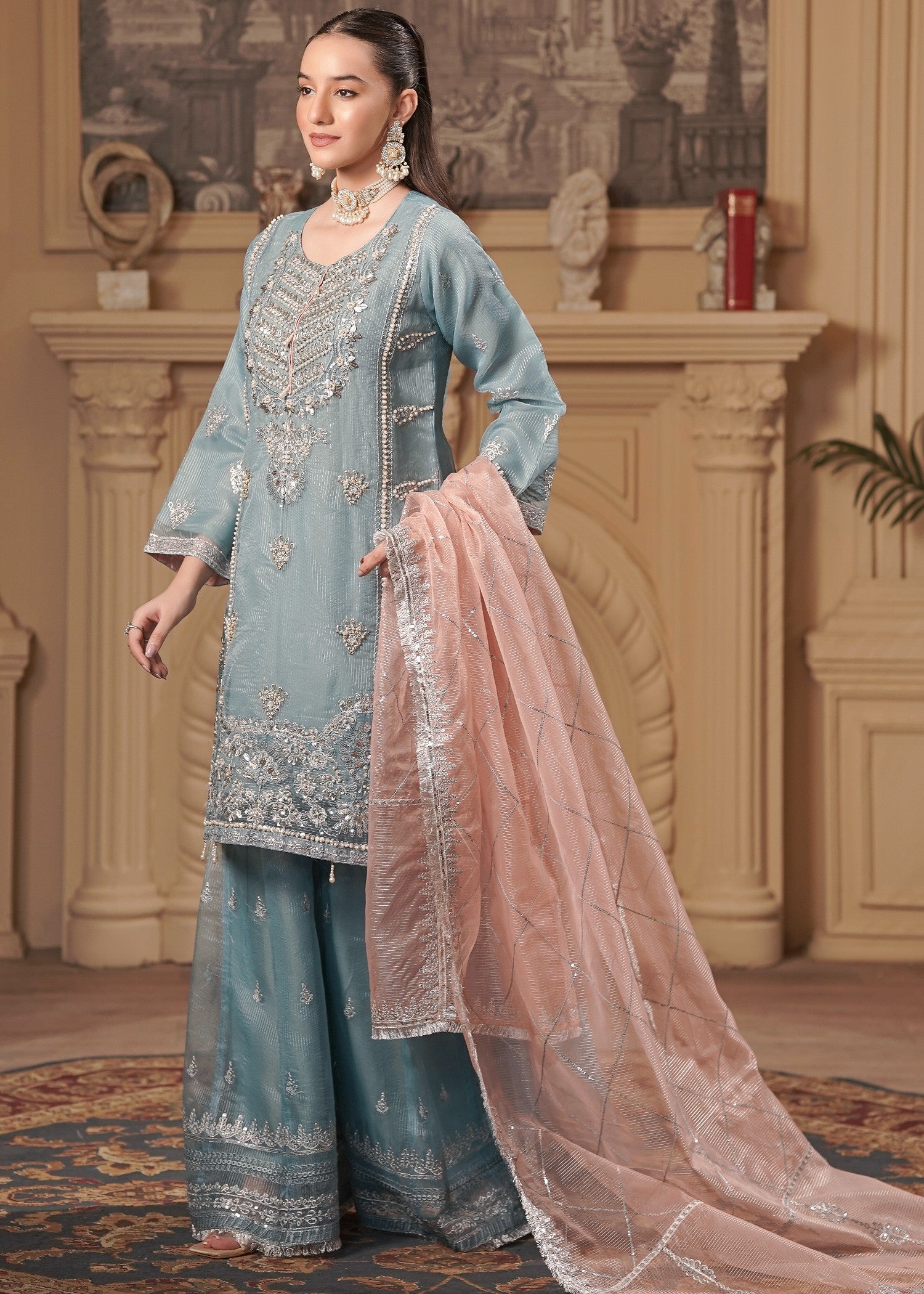 zari embroidered organza Sharara in Pastel green