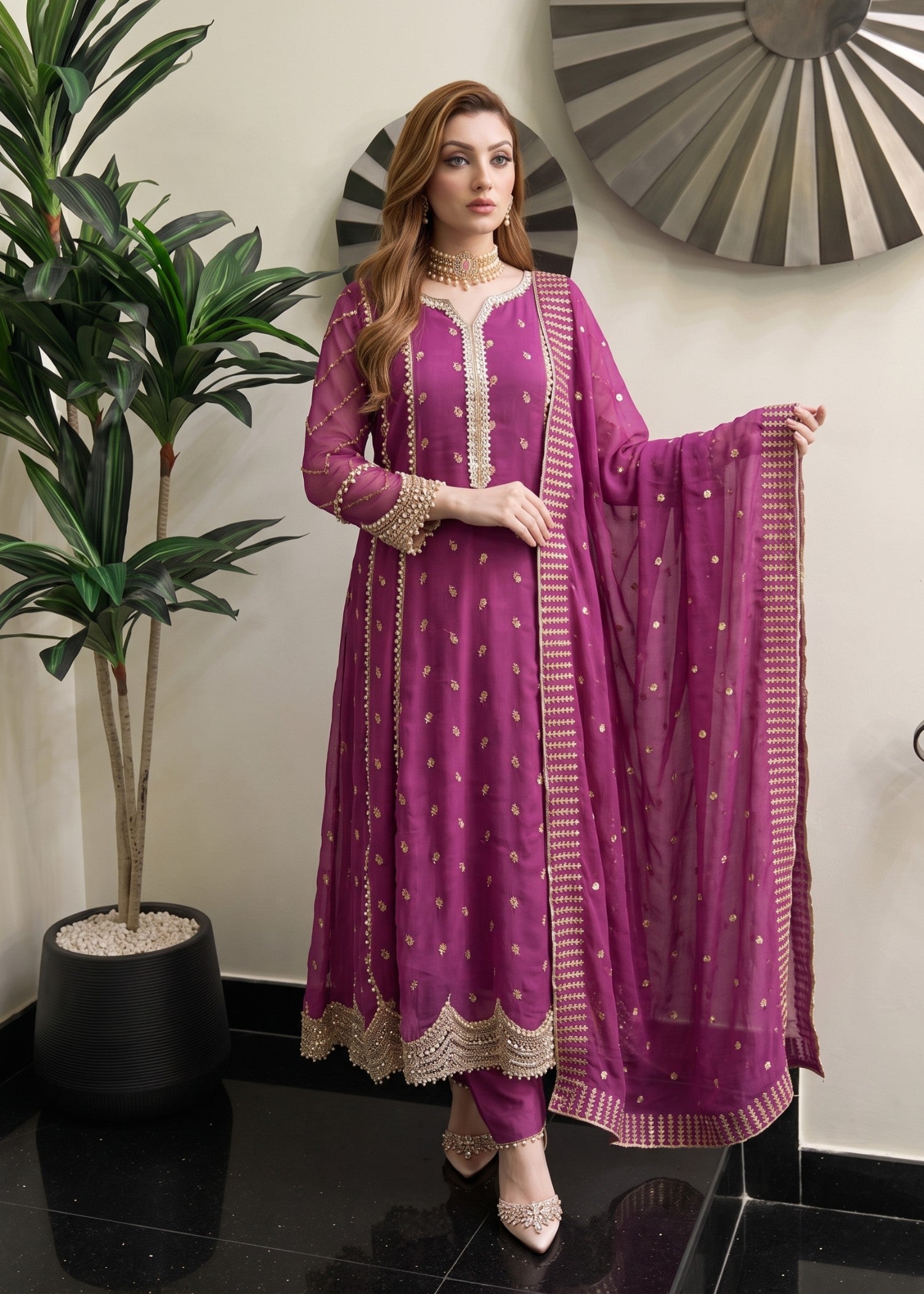 chiffon Pishwas in Mauve