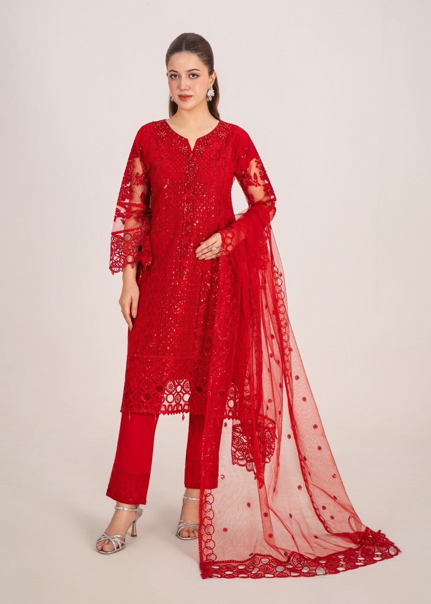 net Kurta Set in Red