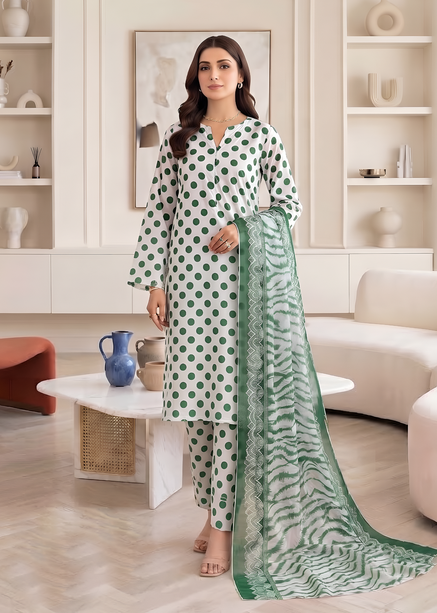 swiss lawn Kurta Set in White, green