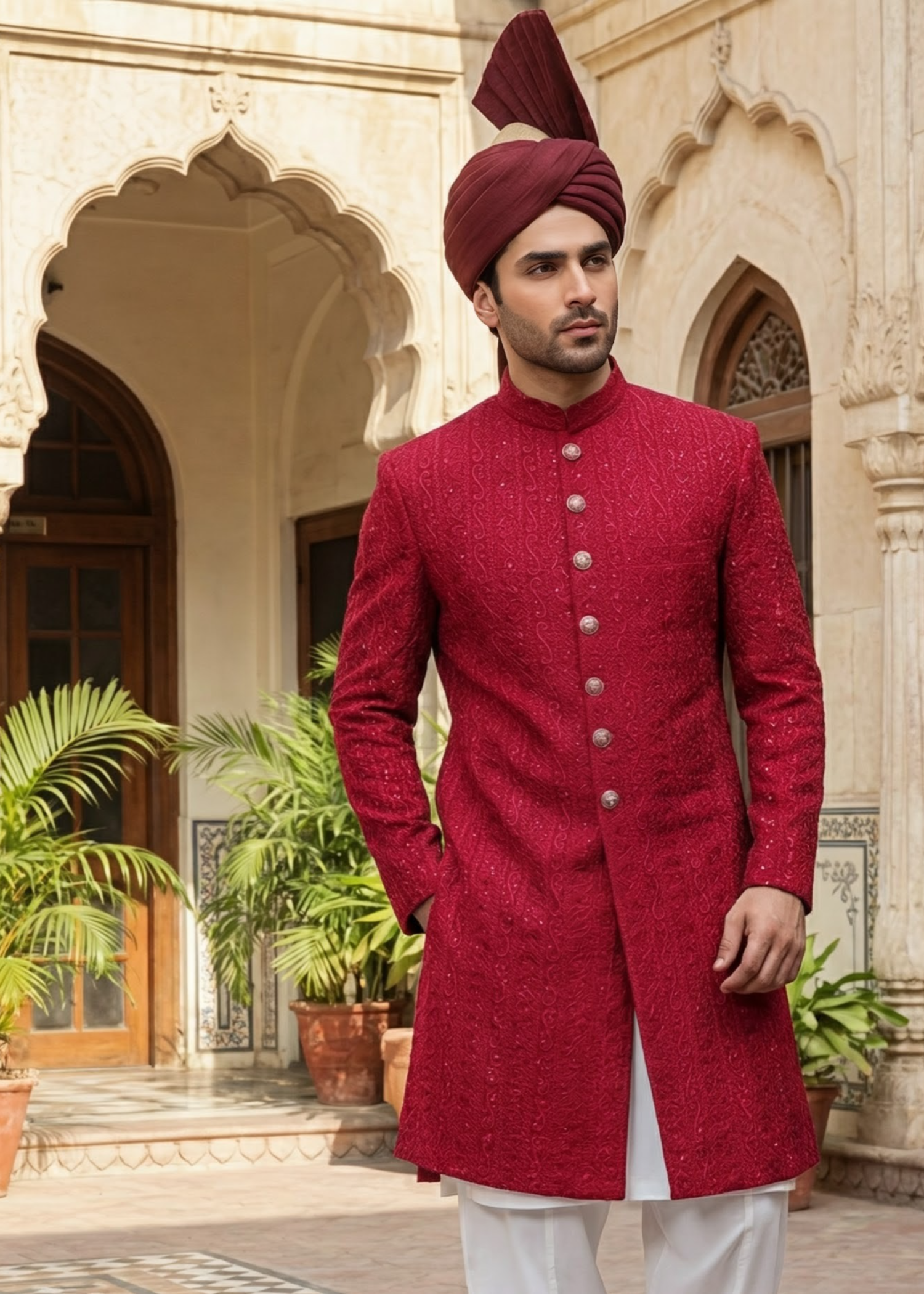 silk Sherwani in Red