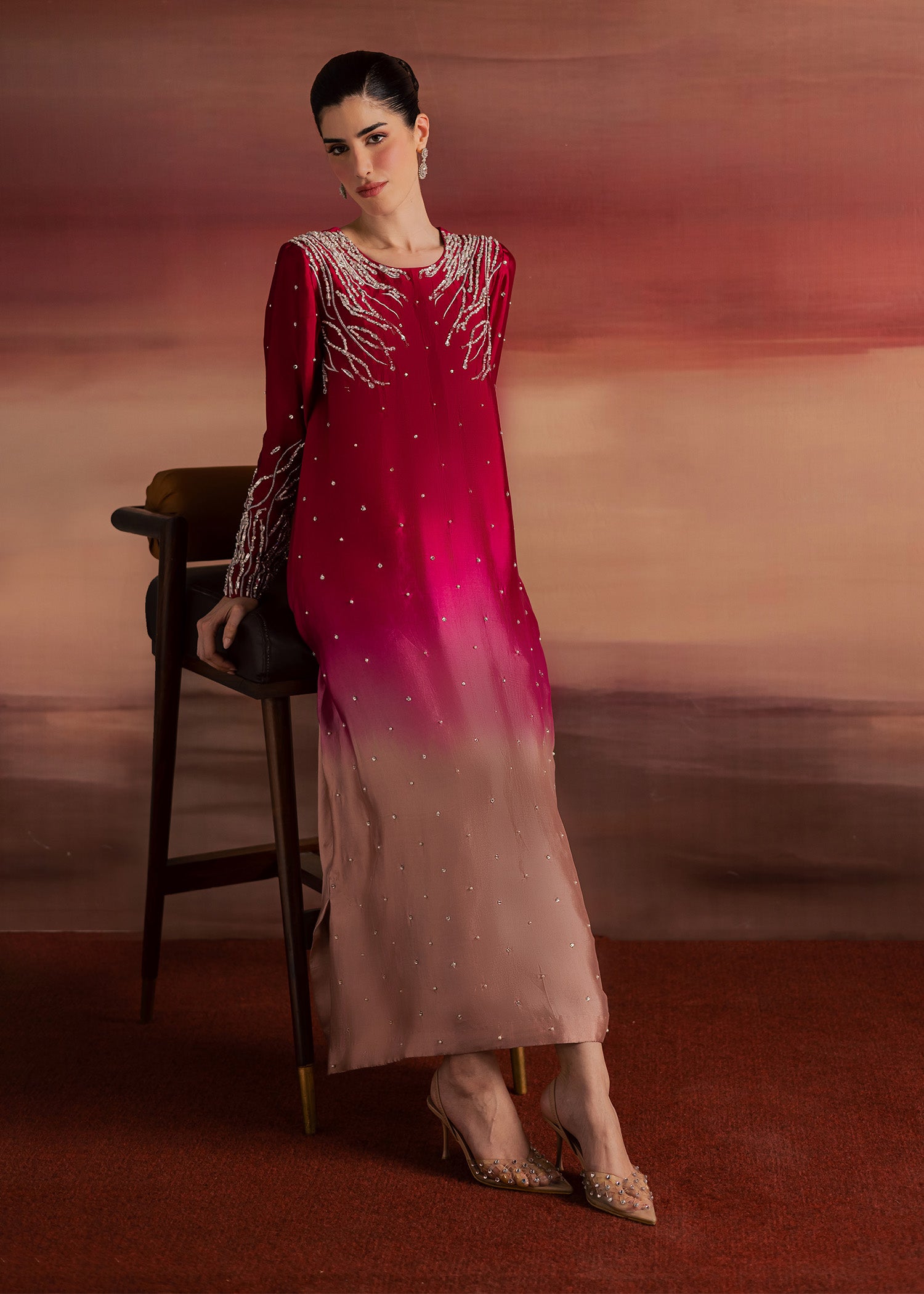 tussar silk Kaftan in Crimson