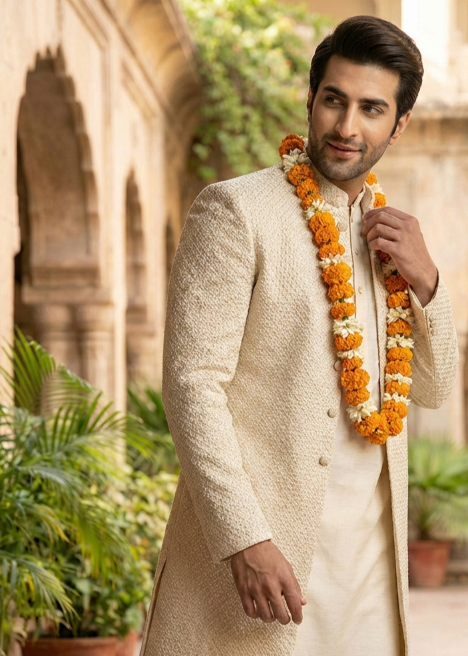 silk Sherwani in White, gold, ivory