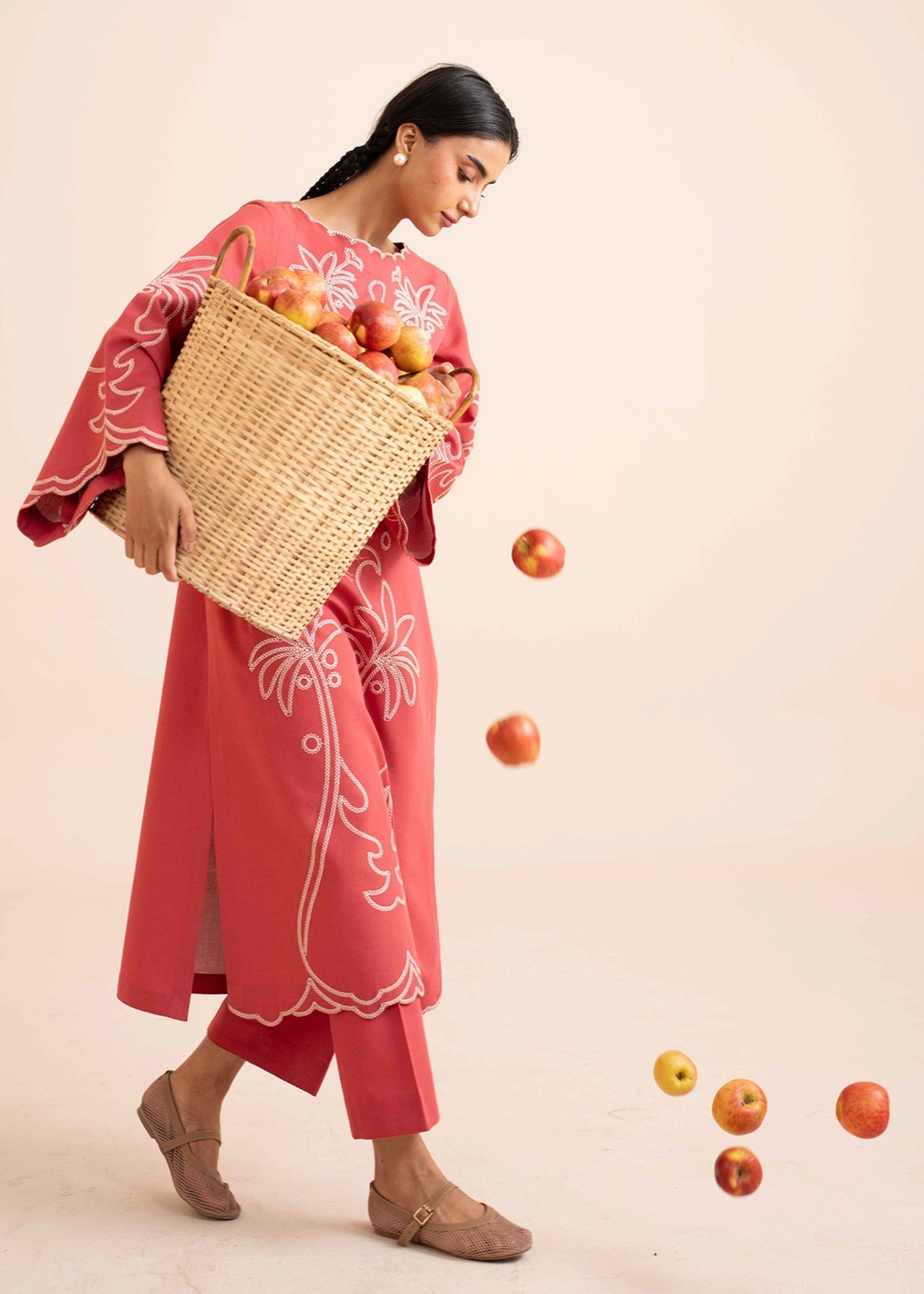 slub khaddar Kurta Set in Coral pink