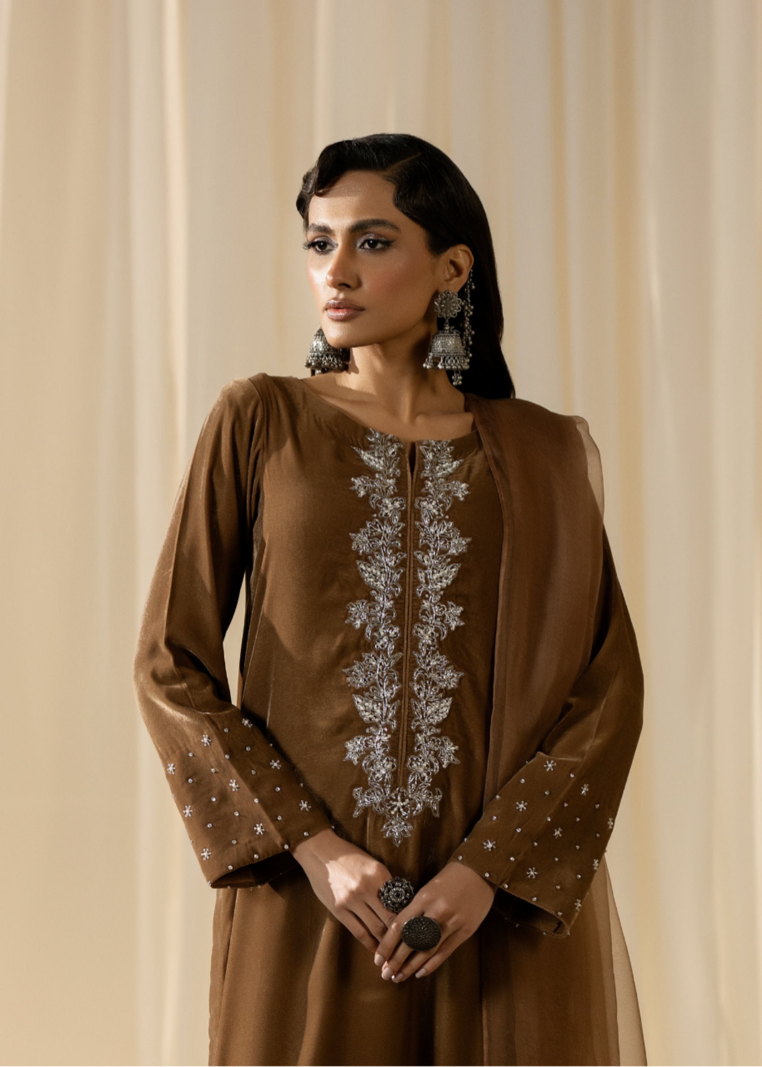 chinese micro velvet 9000 Kurta Set in Earth brown