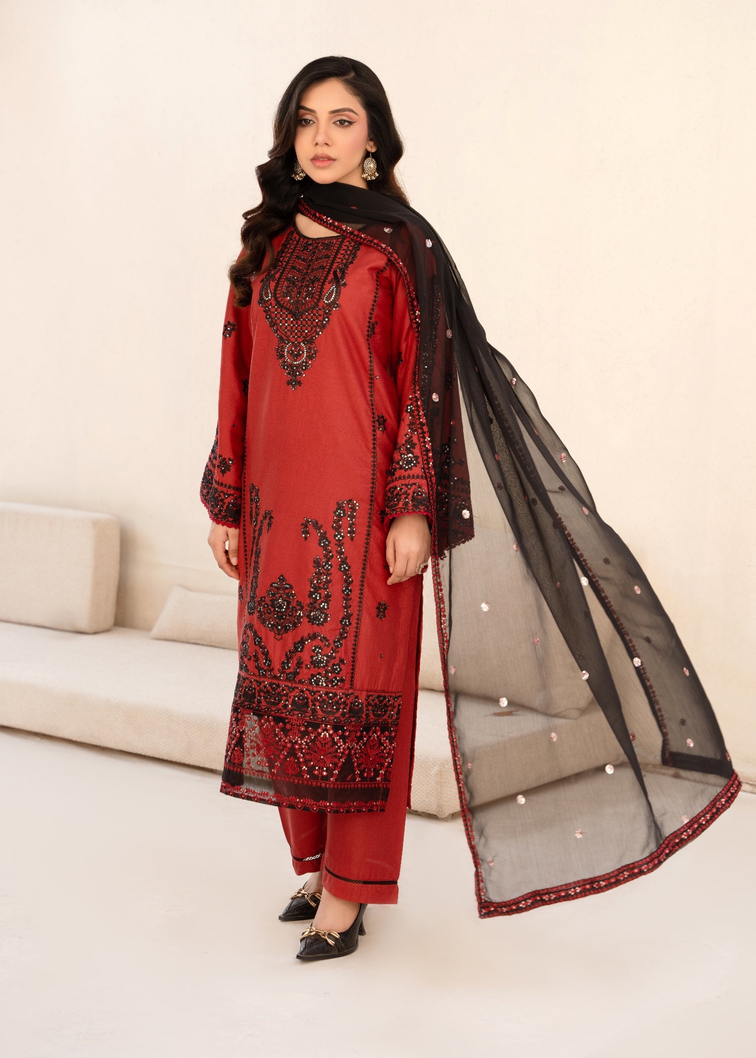 cambric Kurta Set in Rust red