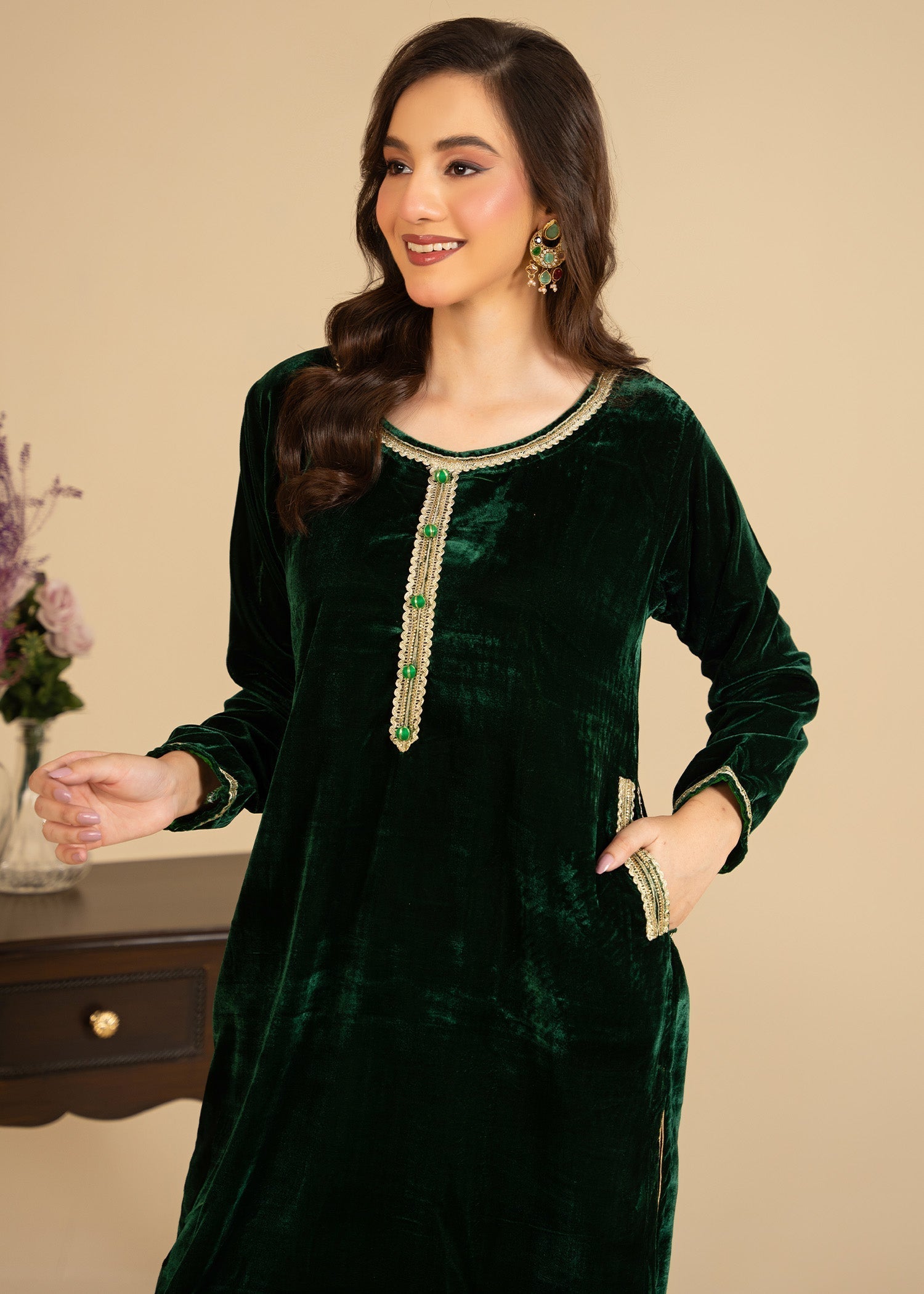 velvet Kurta Set in Dark green