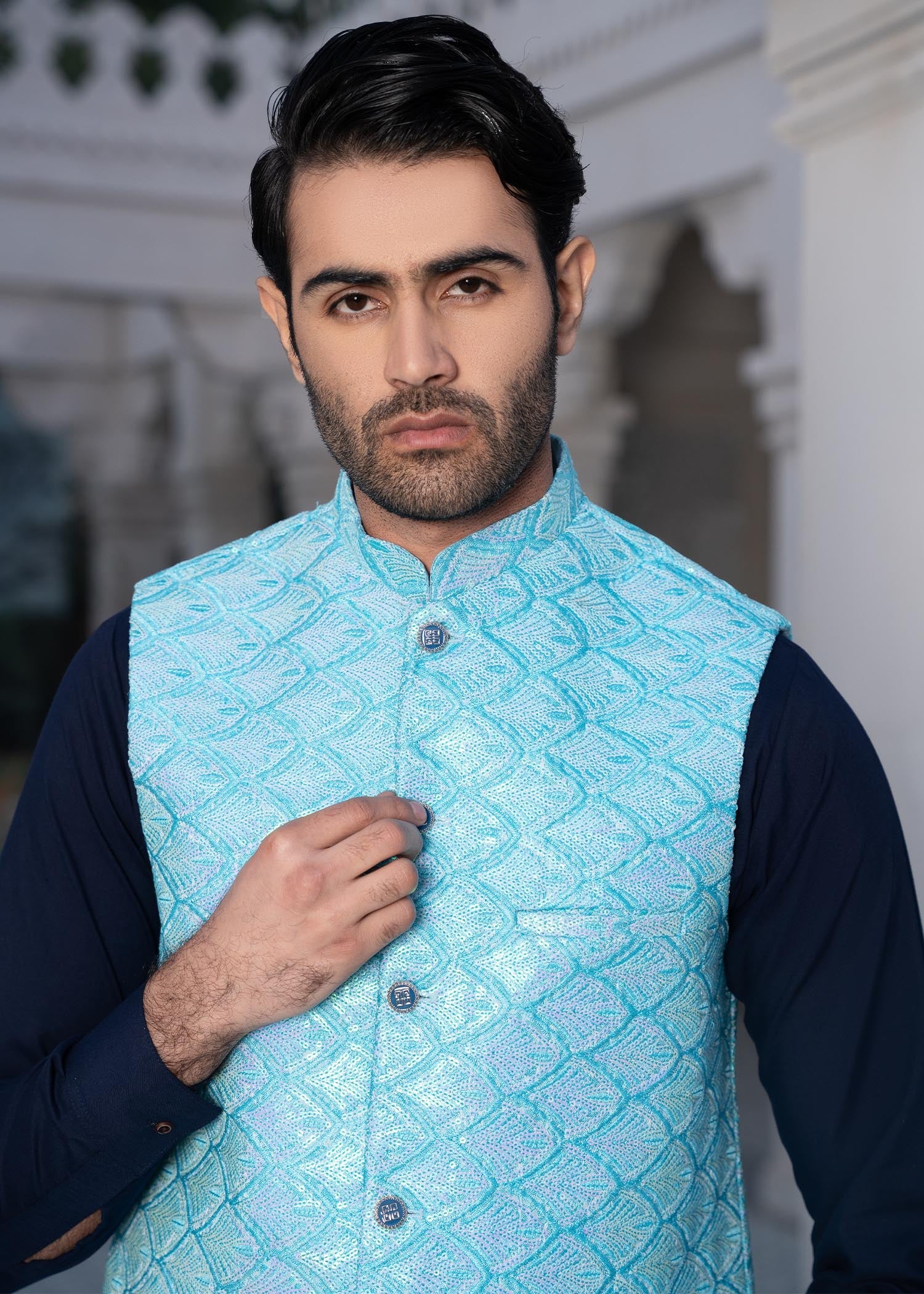 jamawar Waistcoat in Blue lagoon by Safari Club