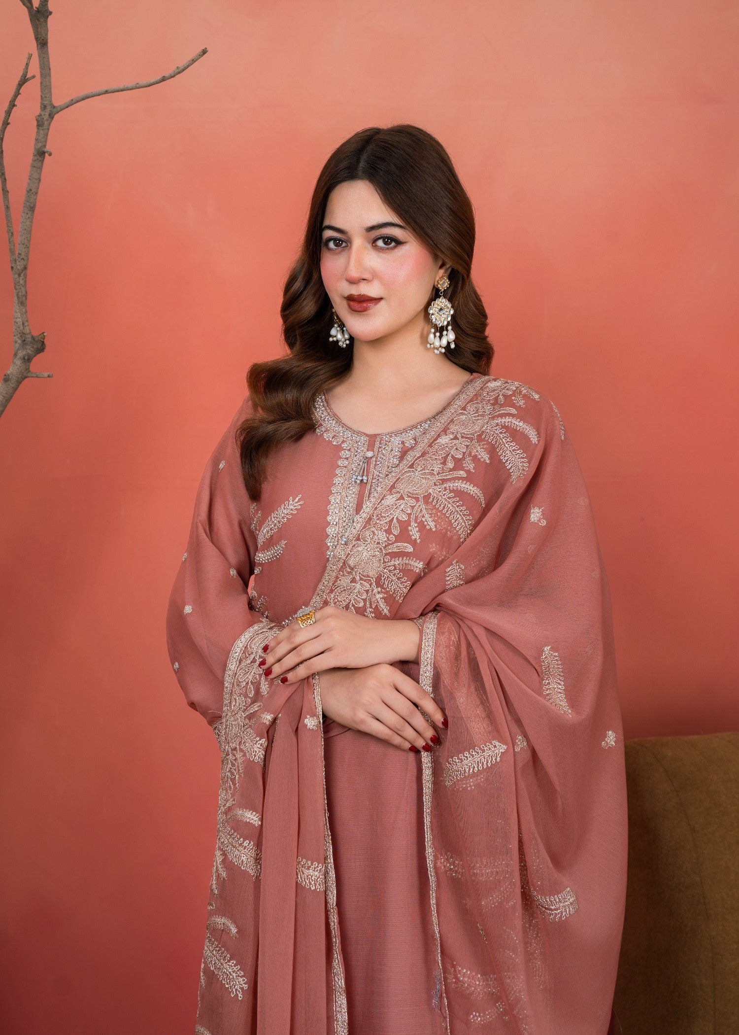 chiffon Kurta Set in Melon pink