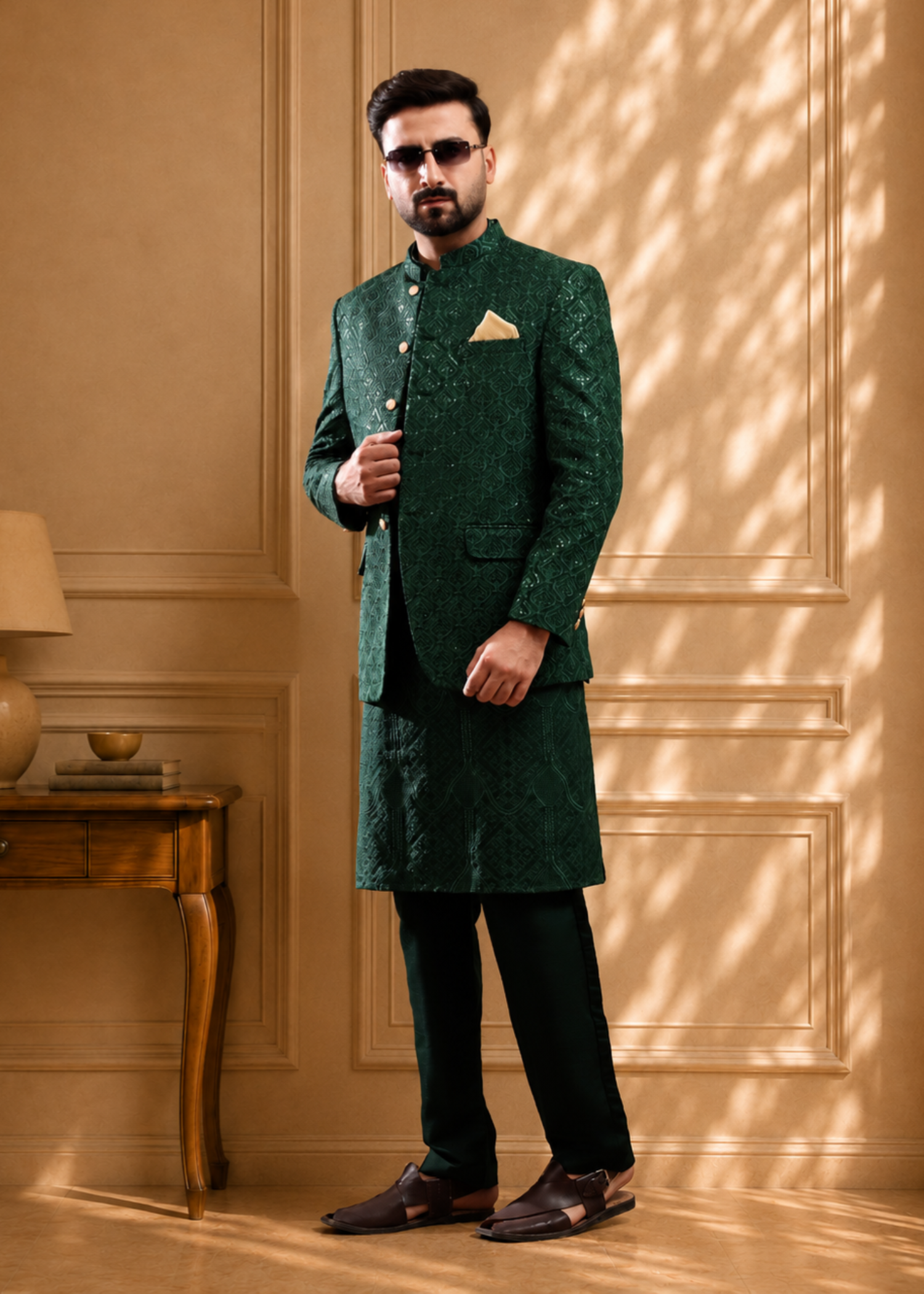 jamawar Prince Coat in Dark green