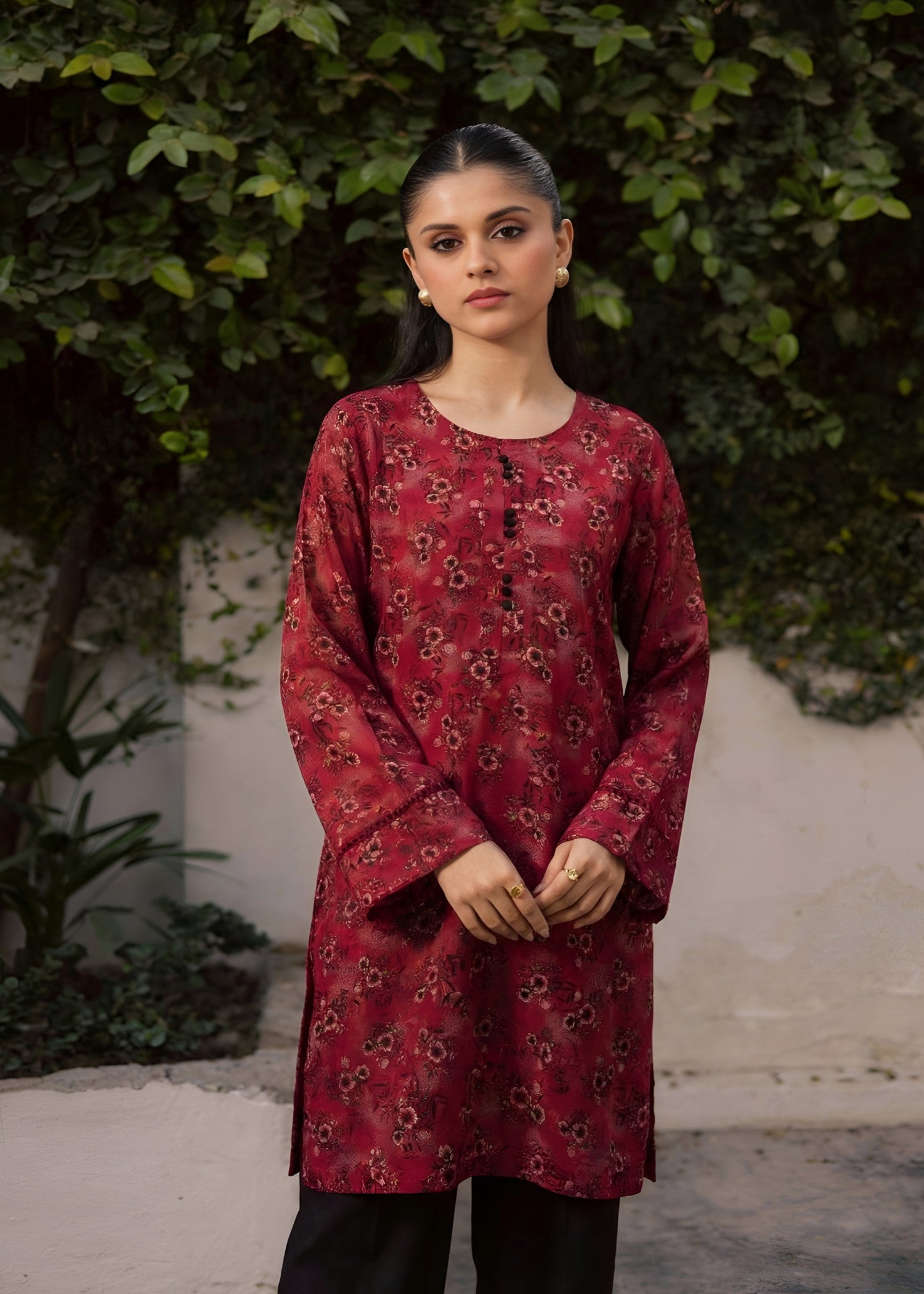 linen Kurta Set in Cherry red