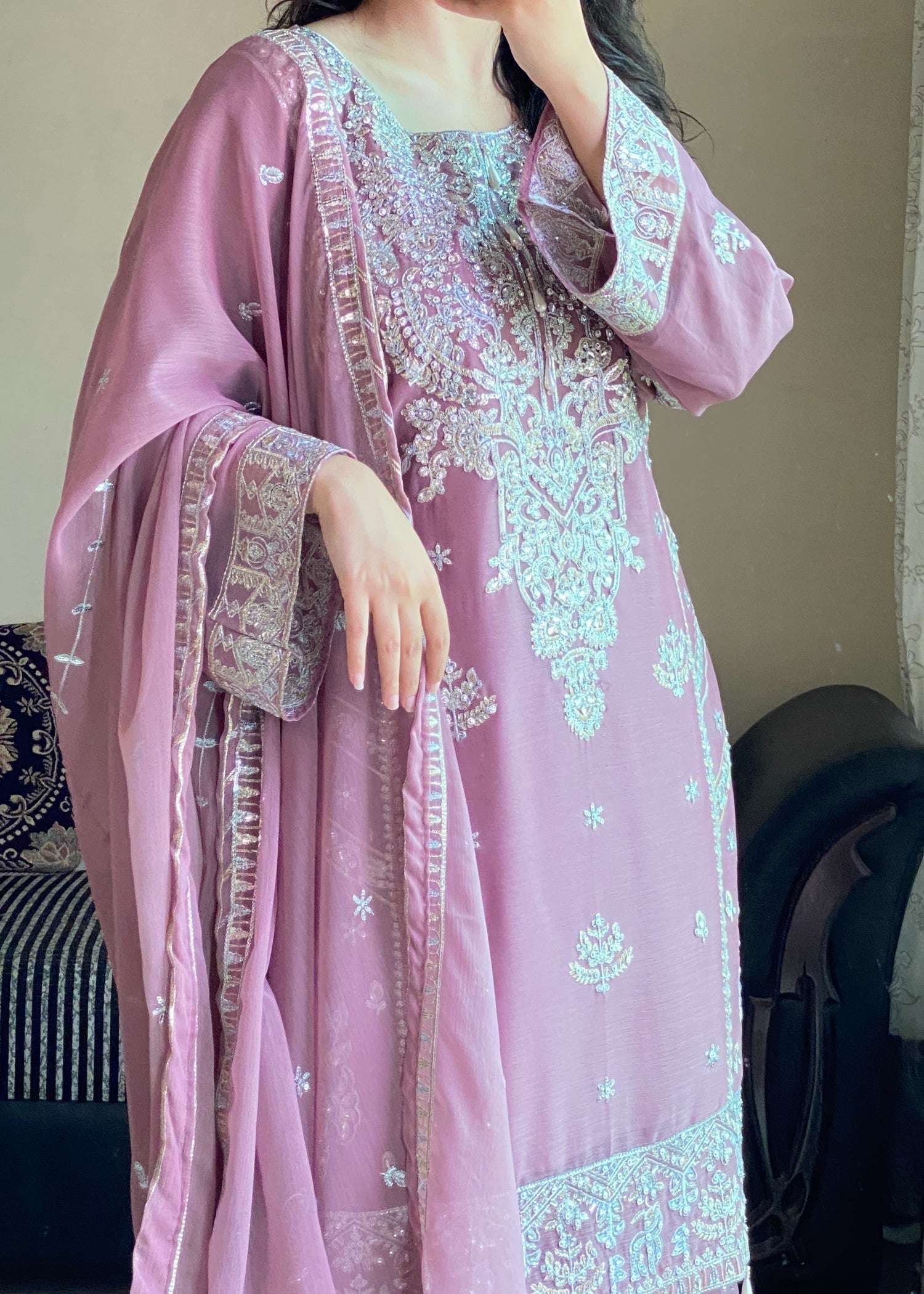 chiffon Gharara in Mauve pink
