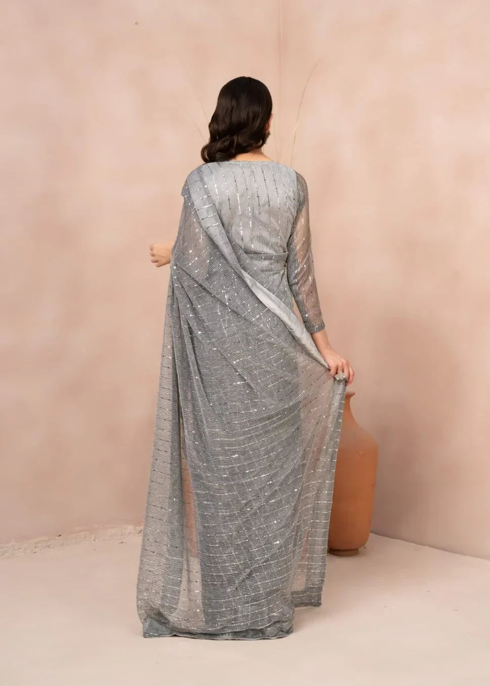 net Saree in Silver